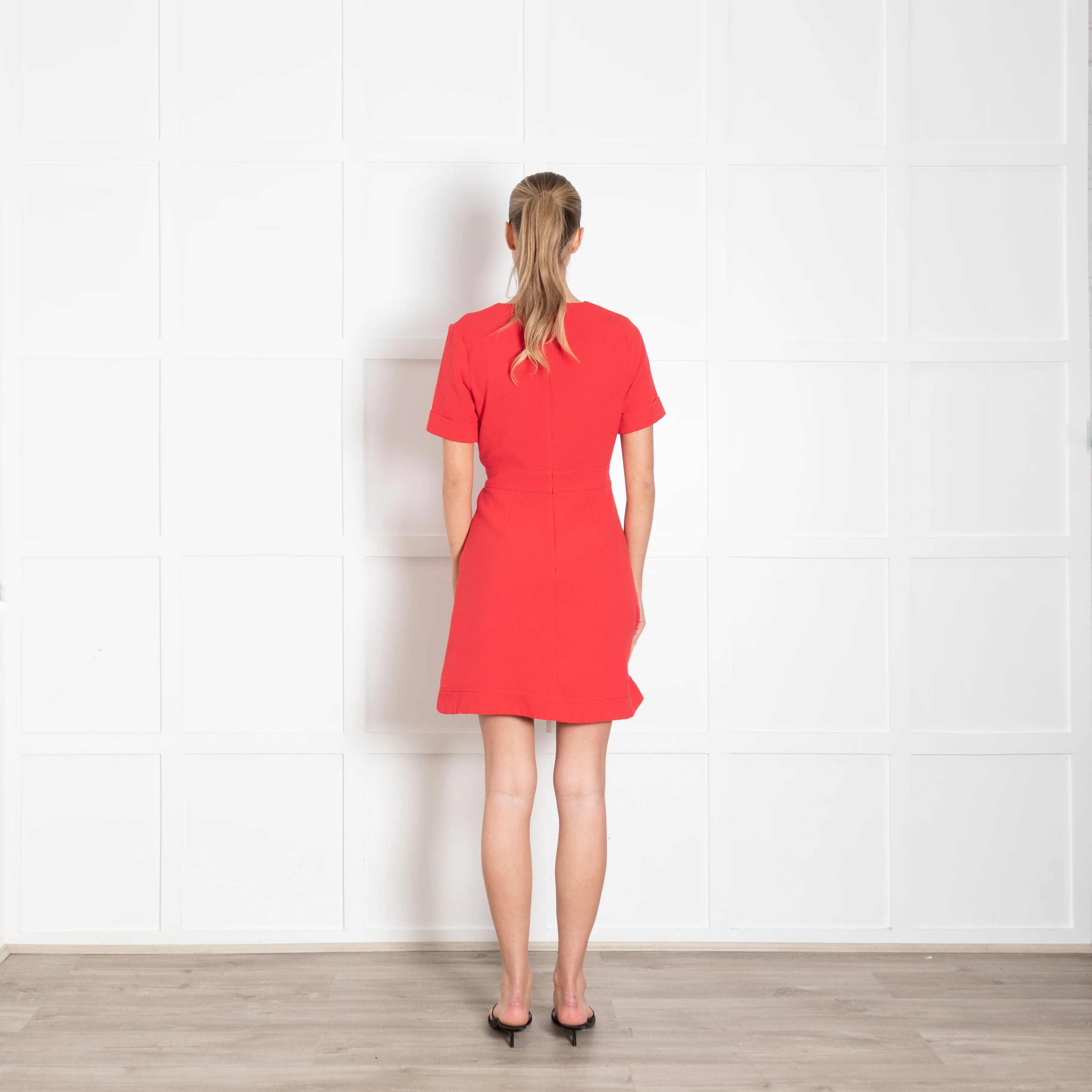 Claudie Pierlot Red Textured Fabric Belted Knee Length Dress - Image 5