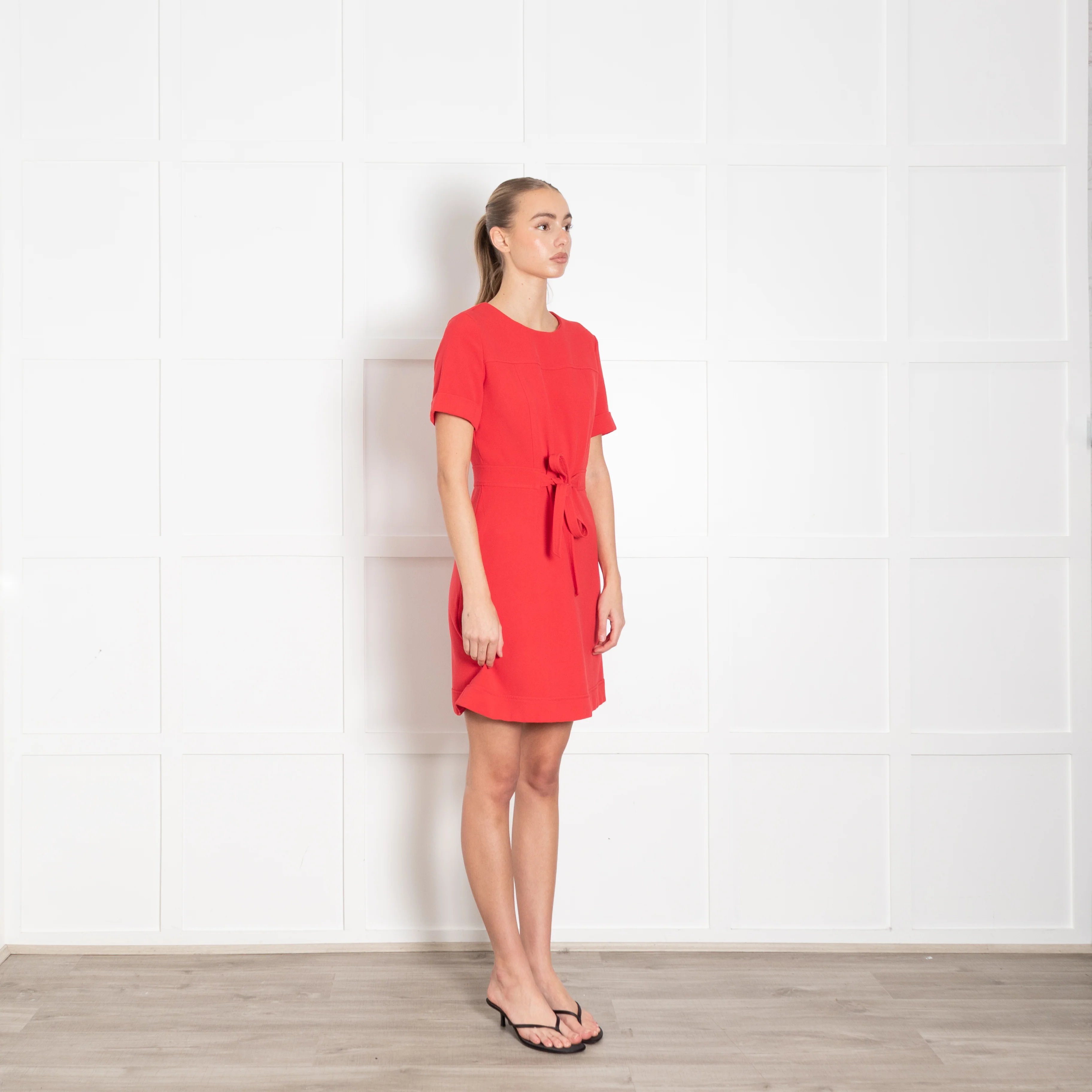Claudie Pierlot Red Textured Fabric Belted Knee Length Dress - Image 7