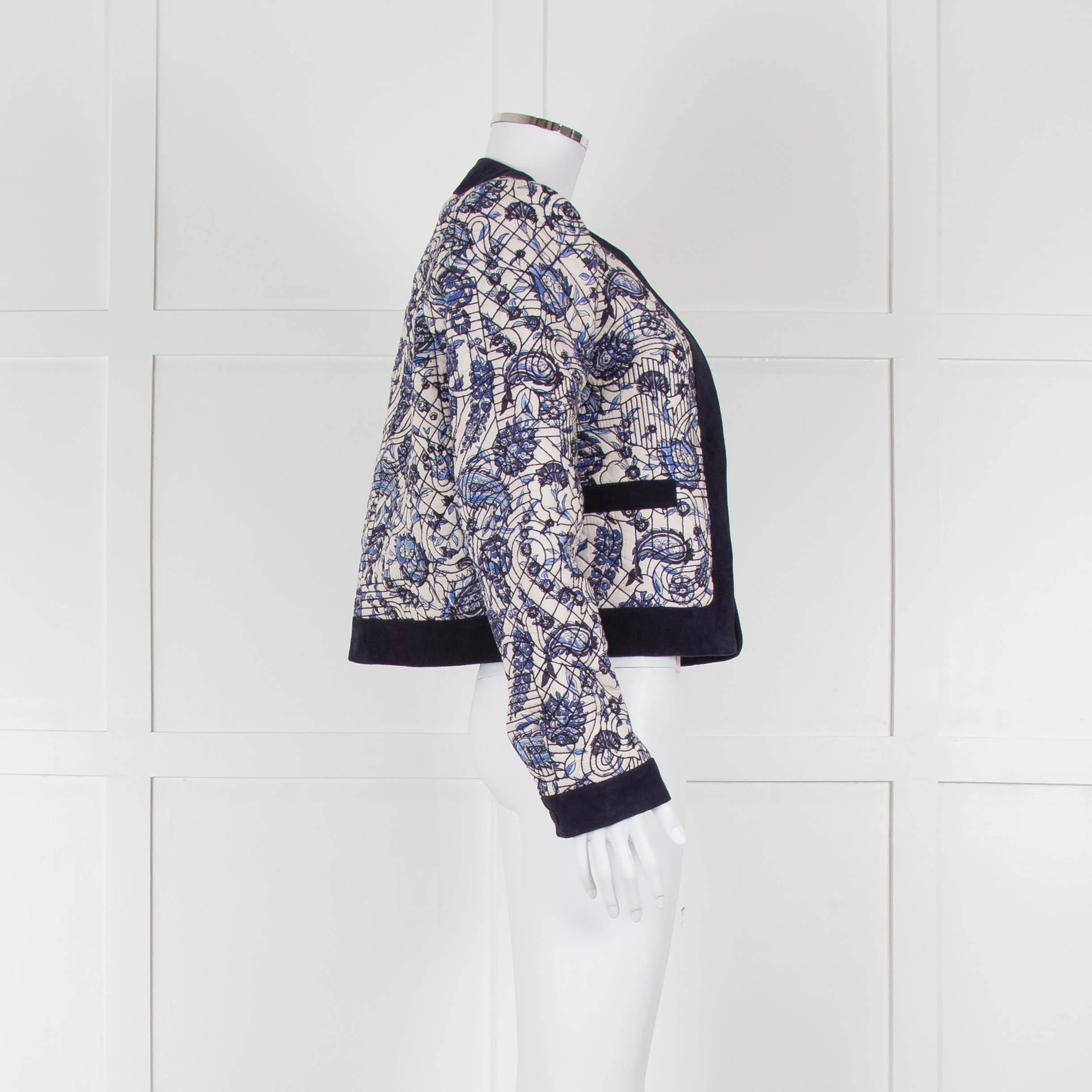 Claudie Pierlot White Blue Paisley Quilted Suede Trim Jacket - Image 3