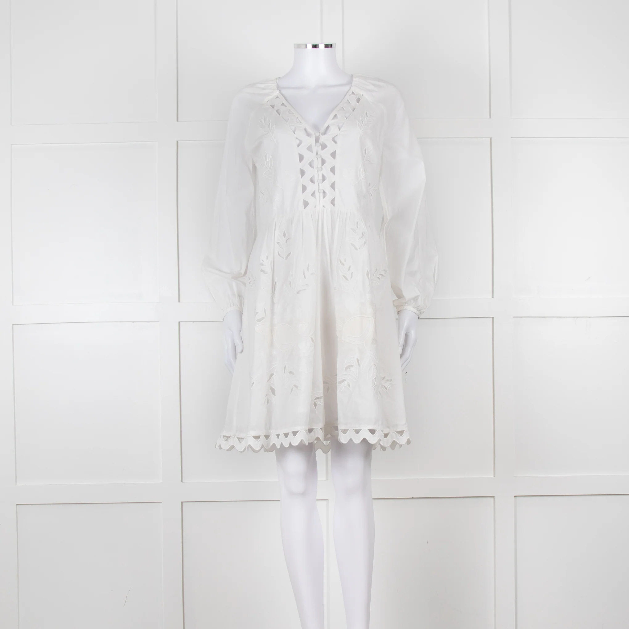 Claudie Pierlot White Lace Broderie Long Sleeve Mini Dress