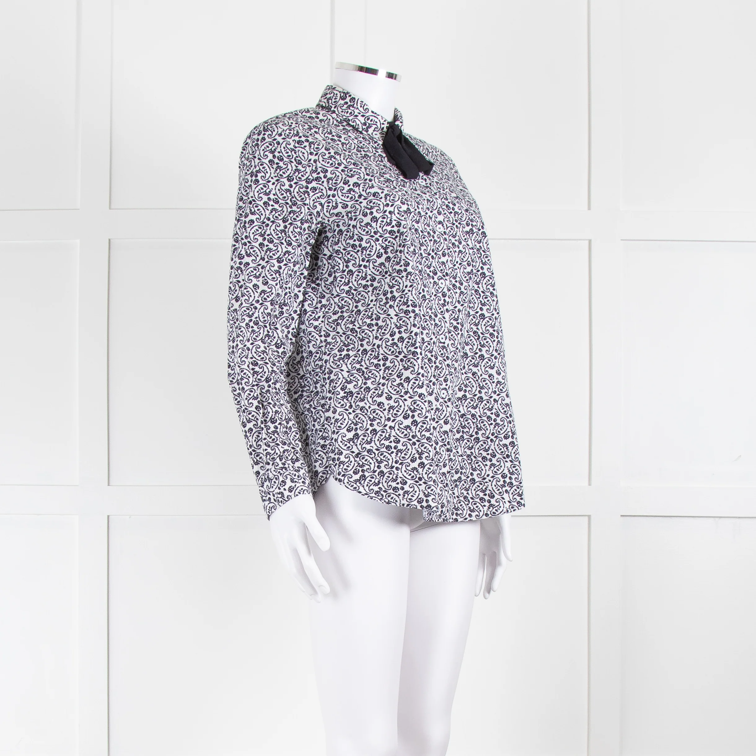 Claudie Pierlot White Navy Floral Print Neck Tie Cotton Shirt - Image 2