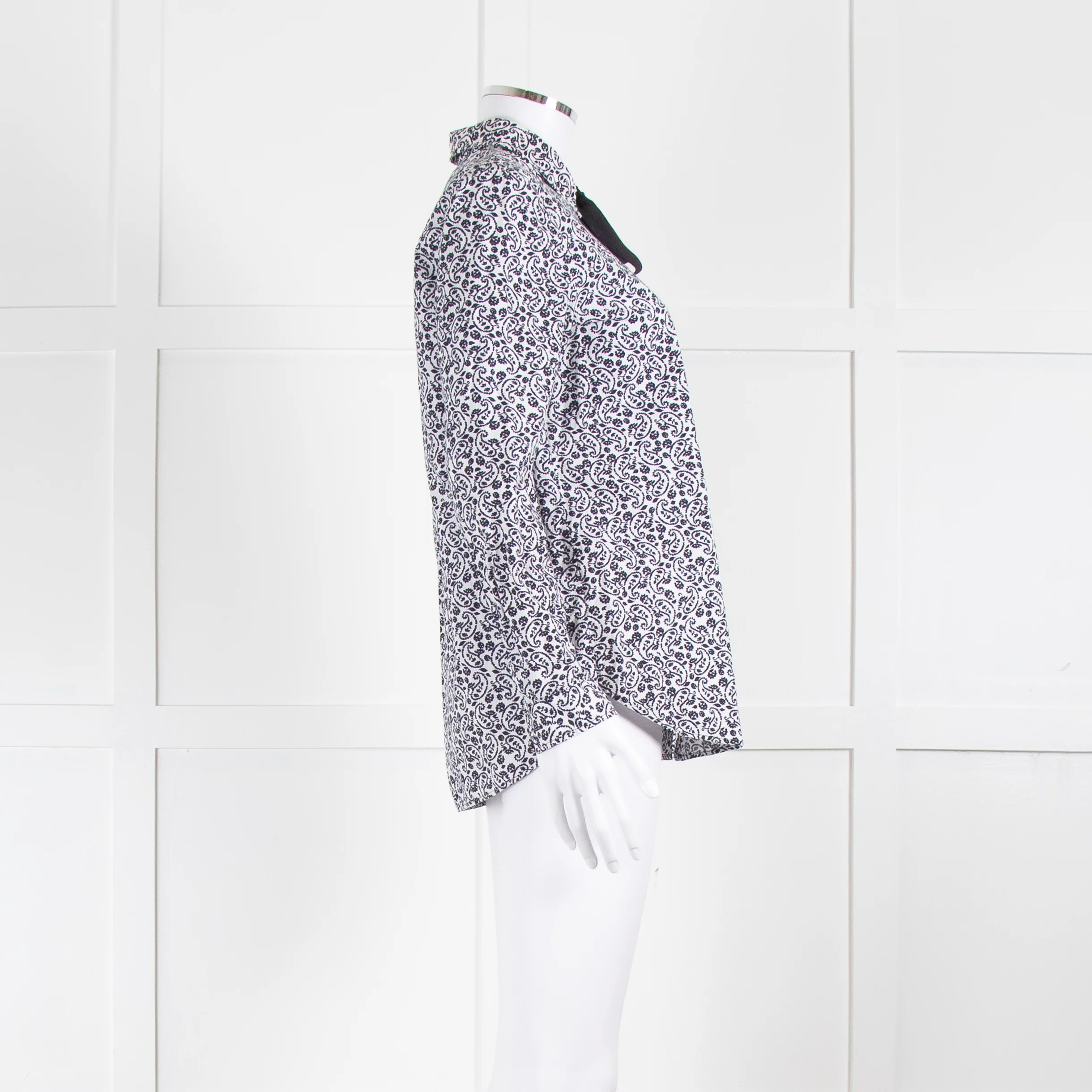Claudie Pierlot White Navy Floral Print Neck Tie Cotton Shirt - Image 3