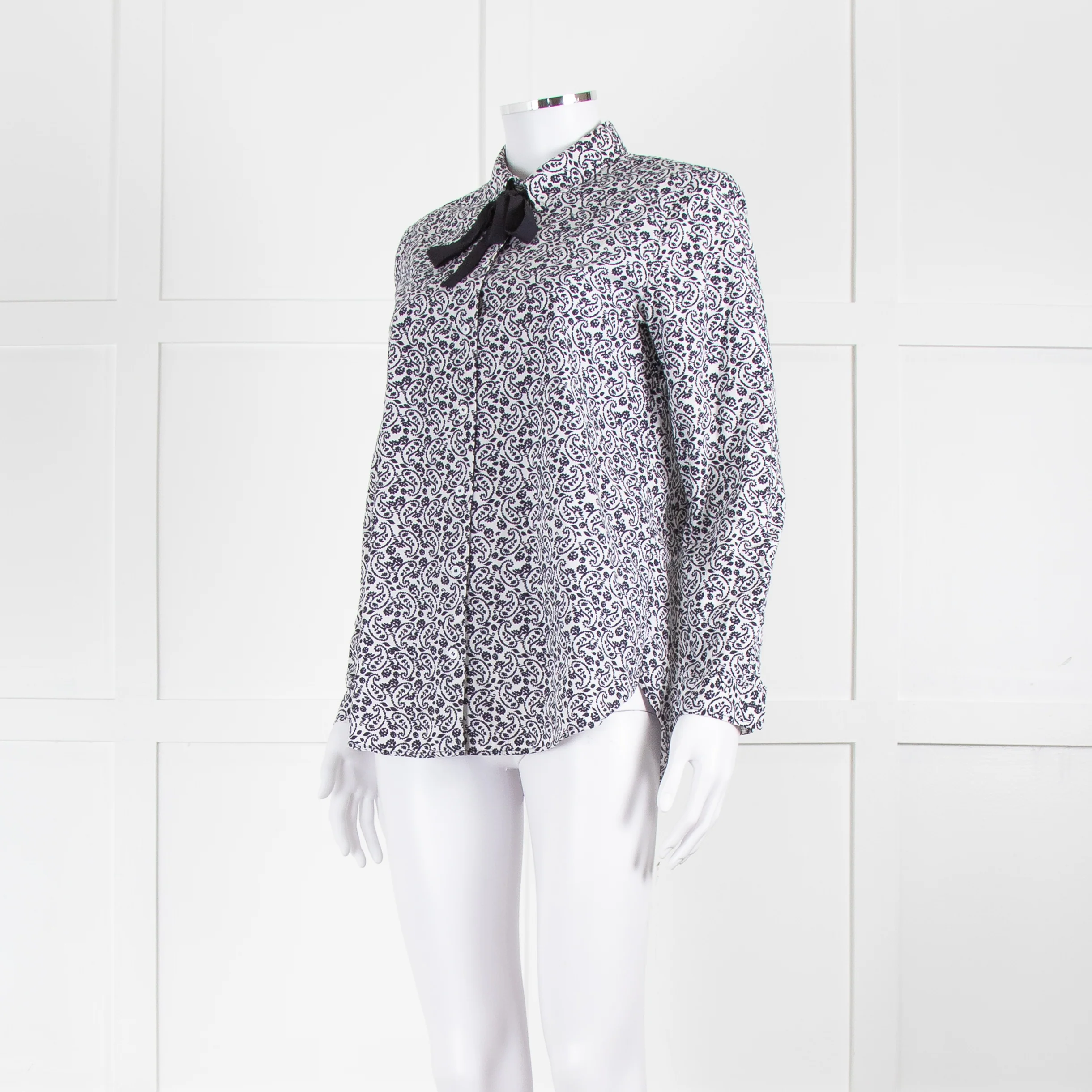 Claudie Pierlot White Navy Floral Print Neck Tie Cotton Shirt - Image 8