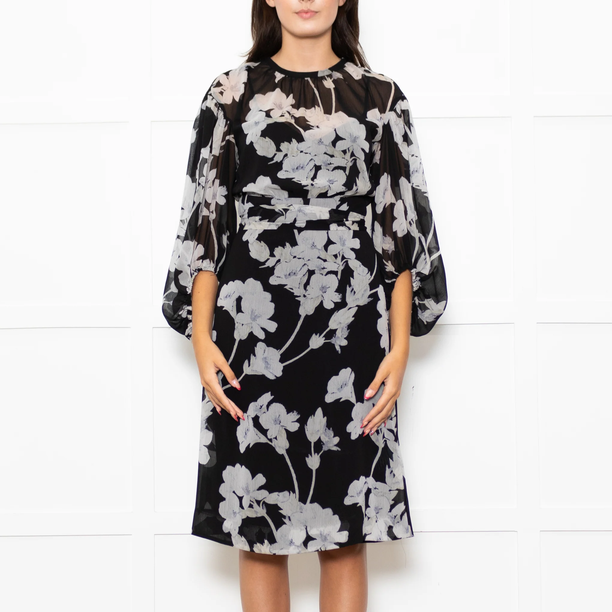Club Monaco Black Grey Floral Belted Midi Dress With Slip - Image 2