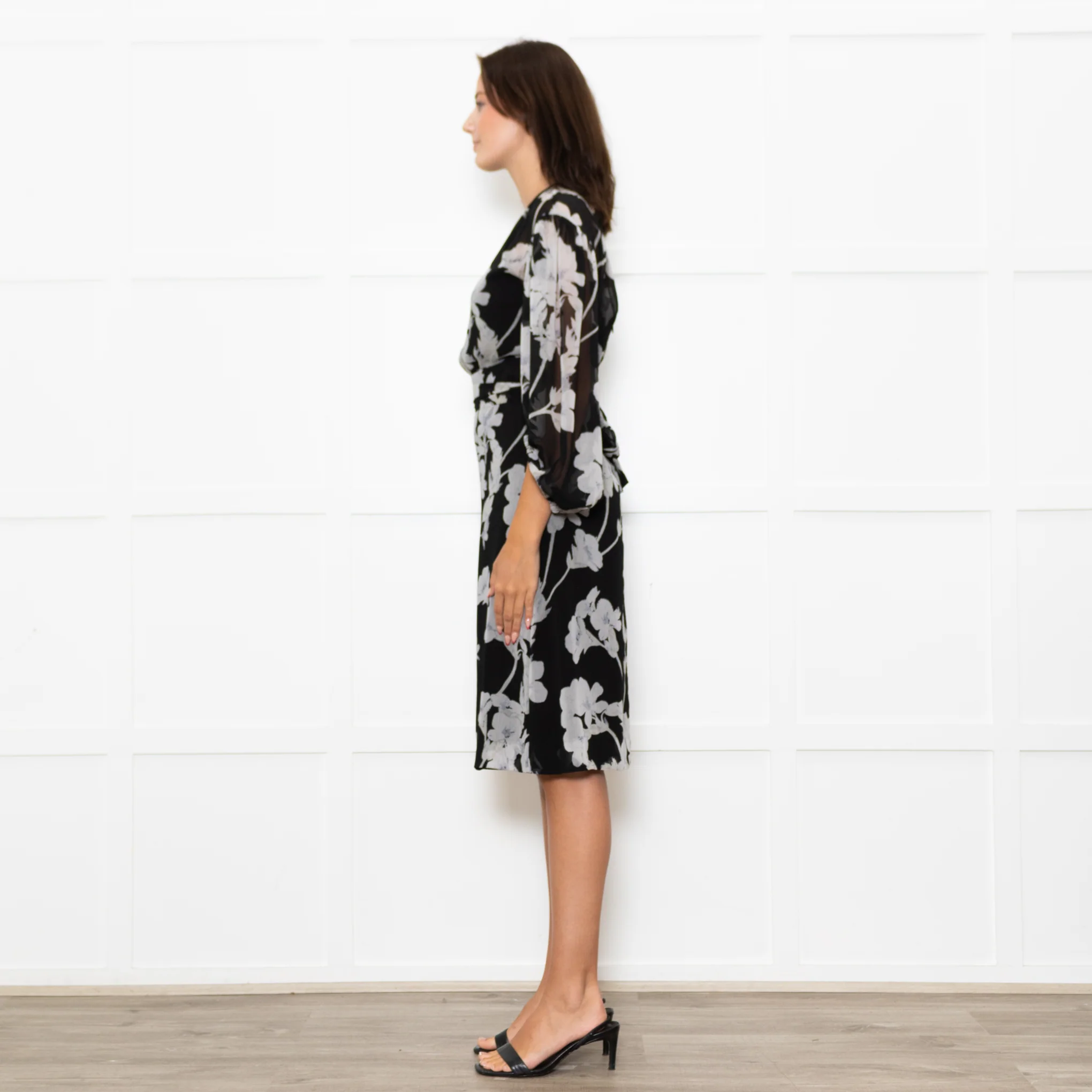 Club Monaco Black Grey Floral Belted Midi Dress With Slip - Image 4
