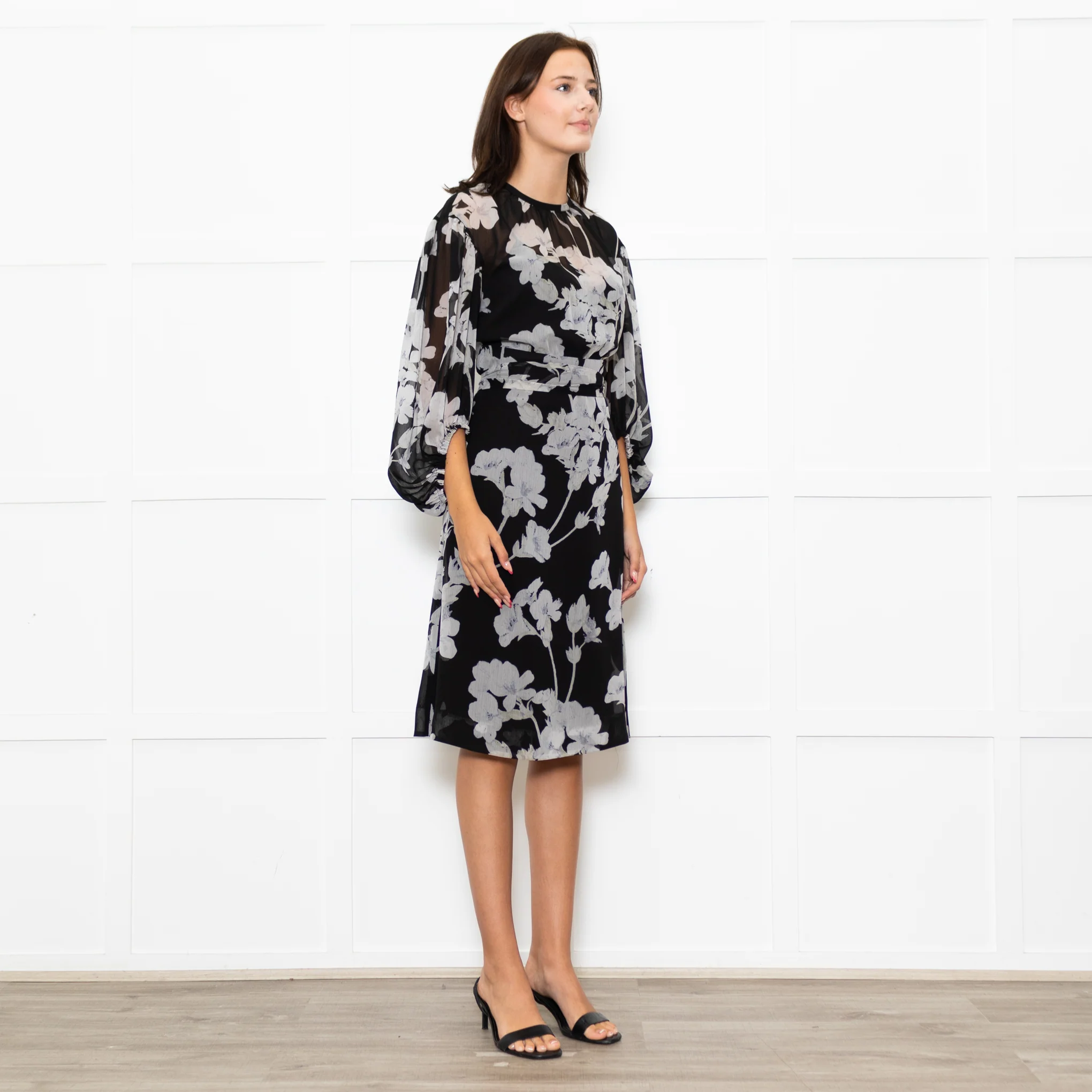 Club Monaco Black Grey Floral Belted Midi Dress With Slip - Image 7