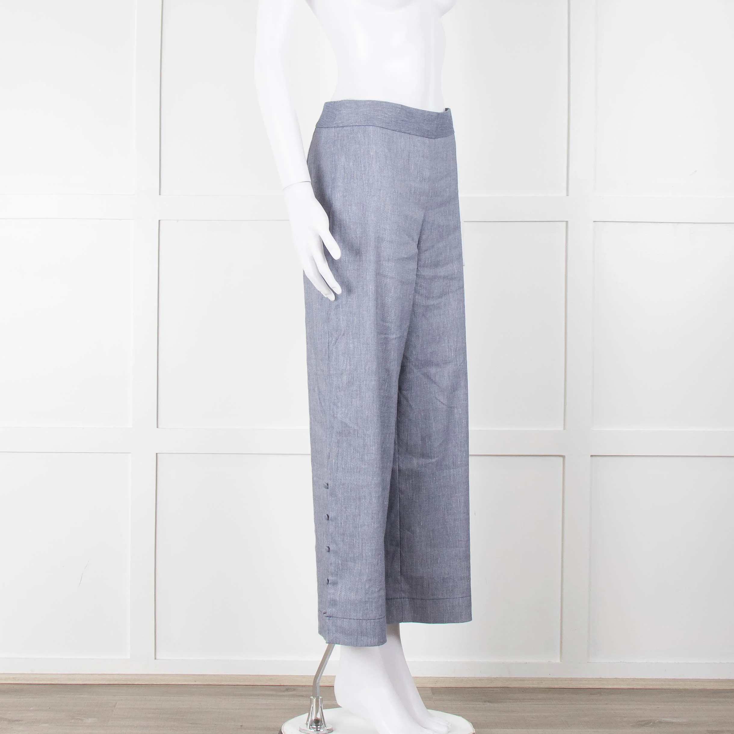 Club Monaco Blue Wide Leg Chambray Wide Leg Trousers with Covered Button Detailing - Image 2