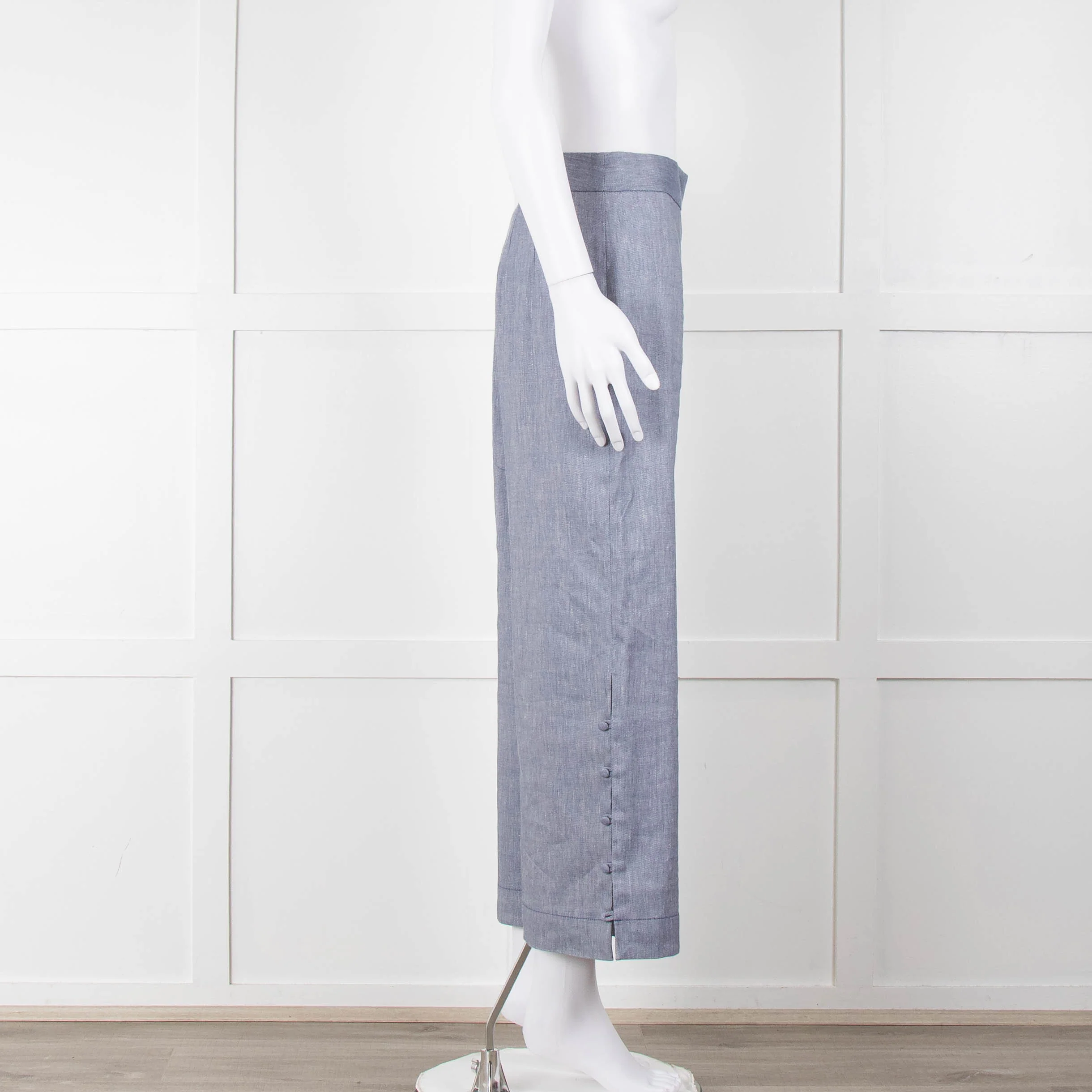 Club Monaco Blue Wide Leg Chambray Wide Leg Trousers with Covered Button Detailing - Image 3