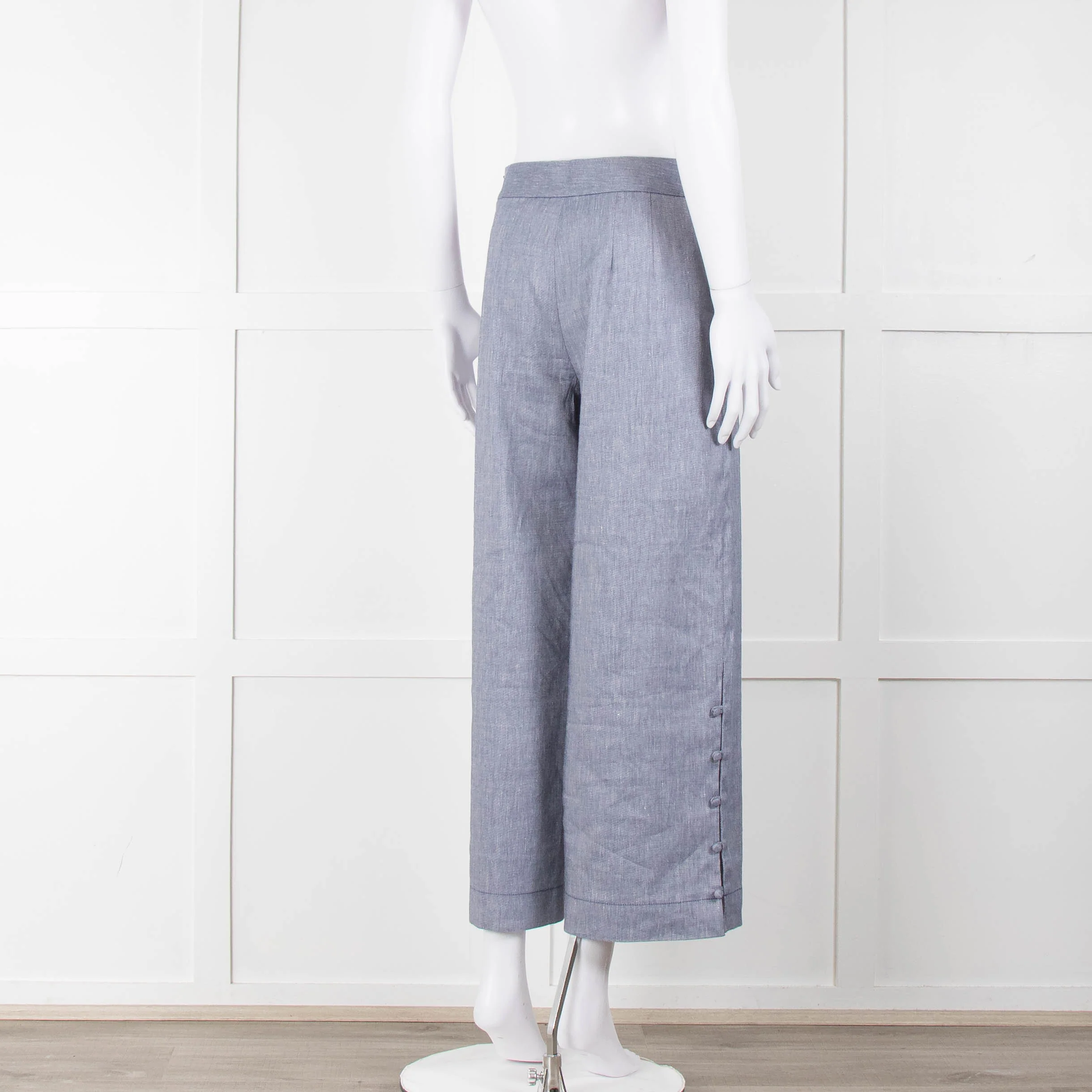 Club Monaco Blue Wide Leg Chambray Wide Leg Trousers with Covered Button Detailing - Image 4