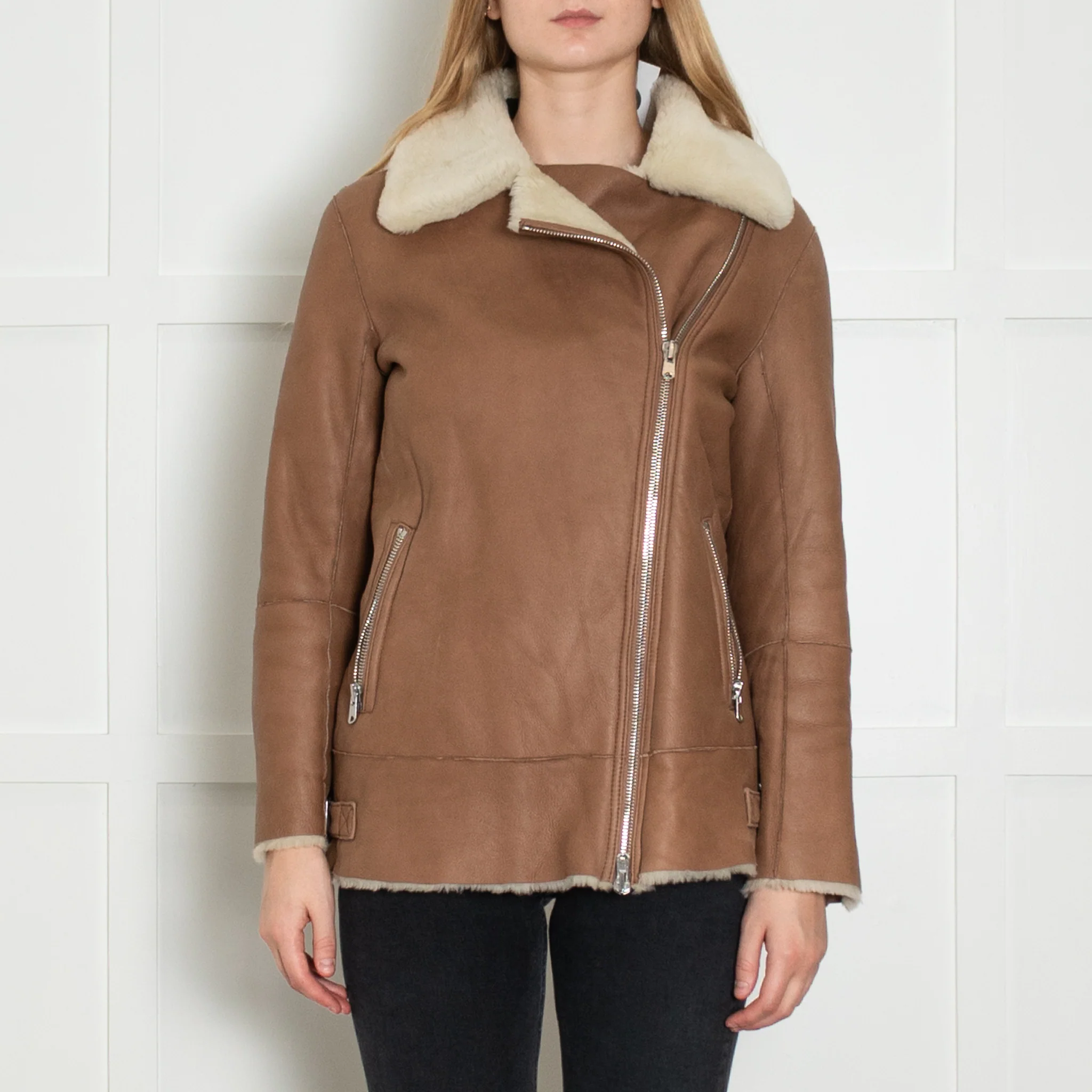 Club Monaco Tan Shearling Aviator Style Jacket - Image 2
