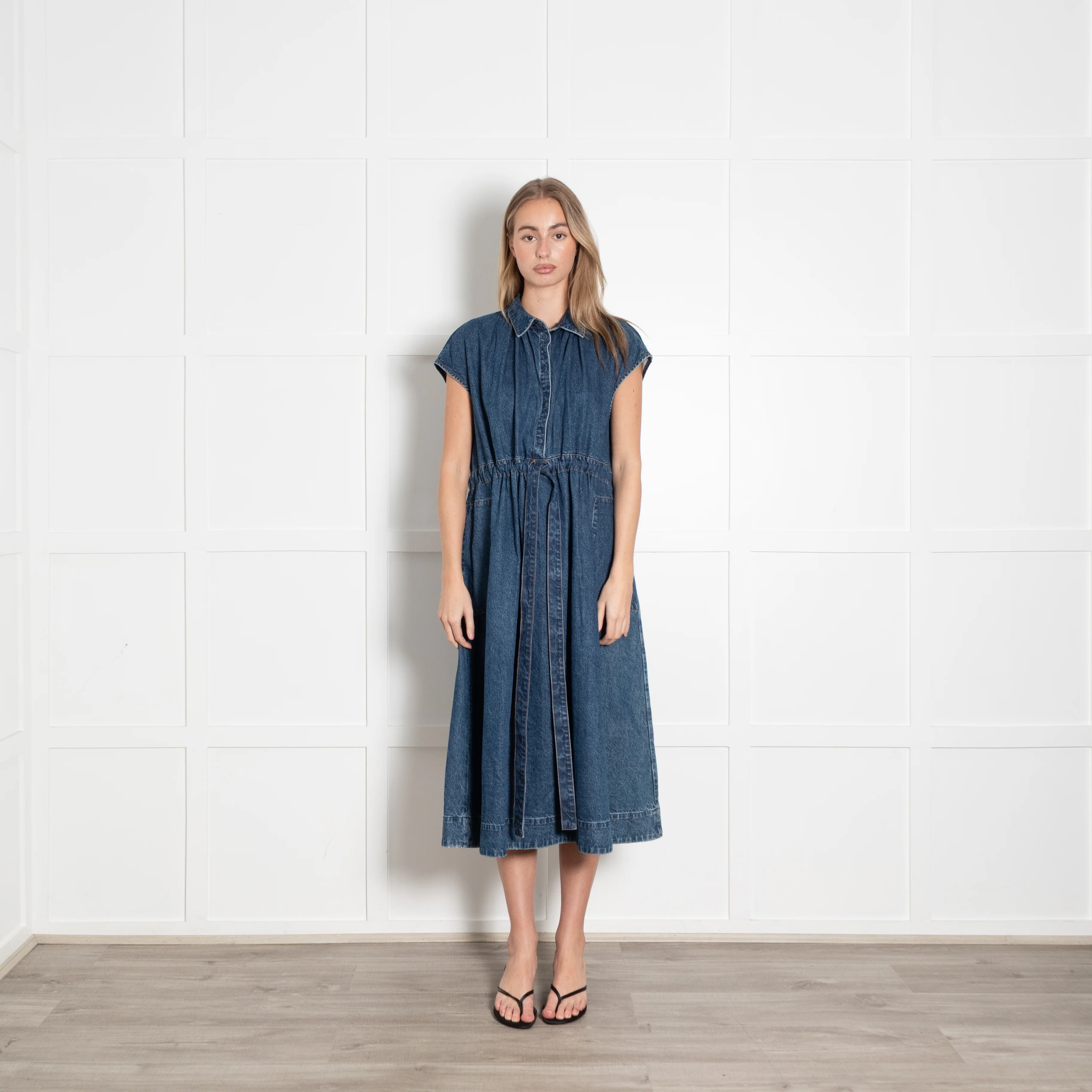CO Blue Denim Sleeveless Ruched Waist Midi Dress