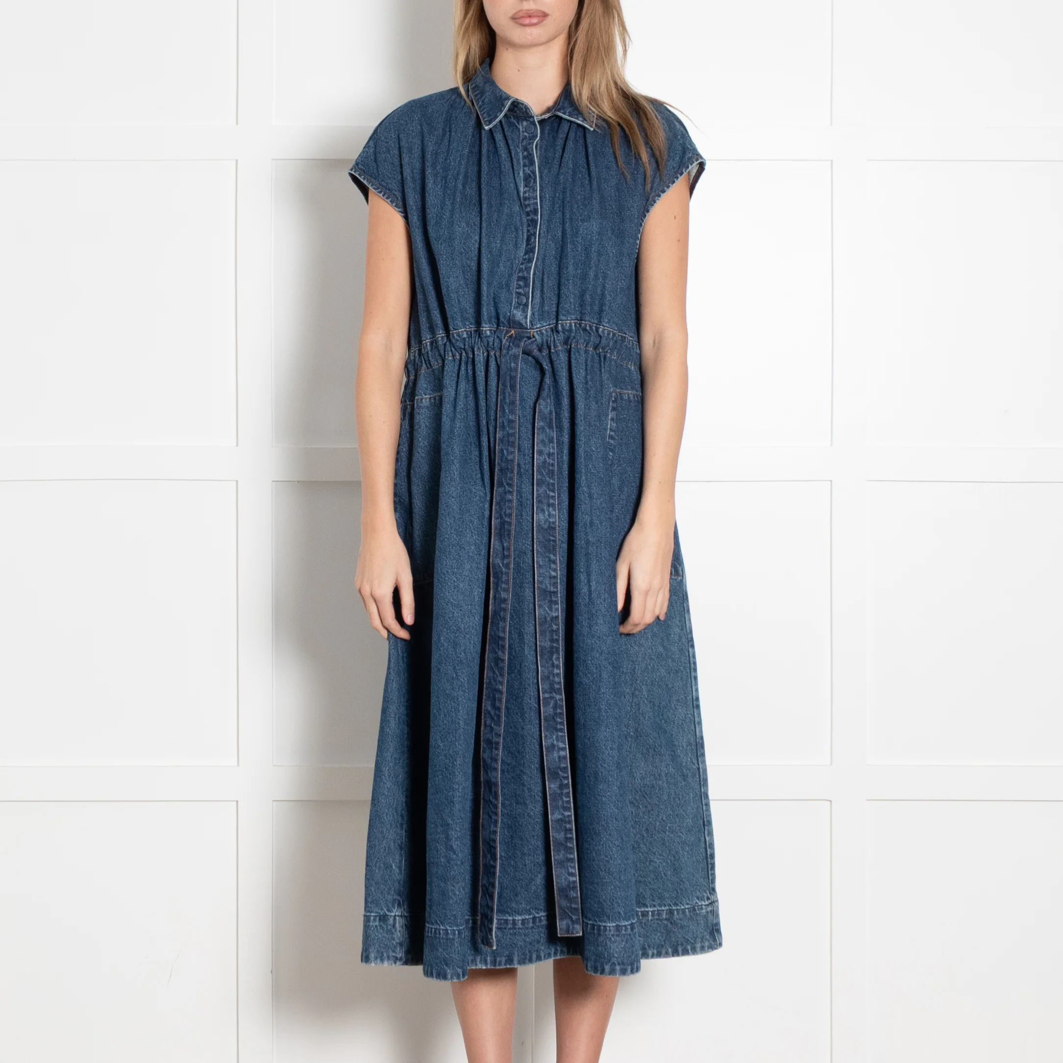 CO Blue Denim Sleeveless Ruched Waist Midi Dress - Image 2