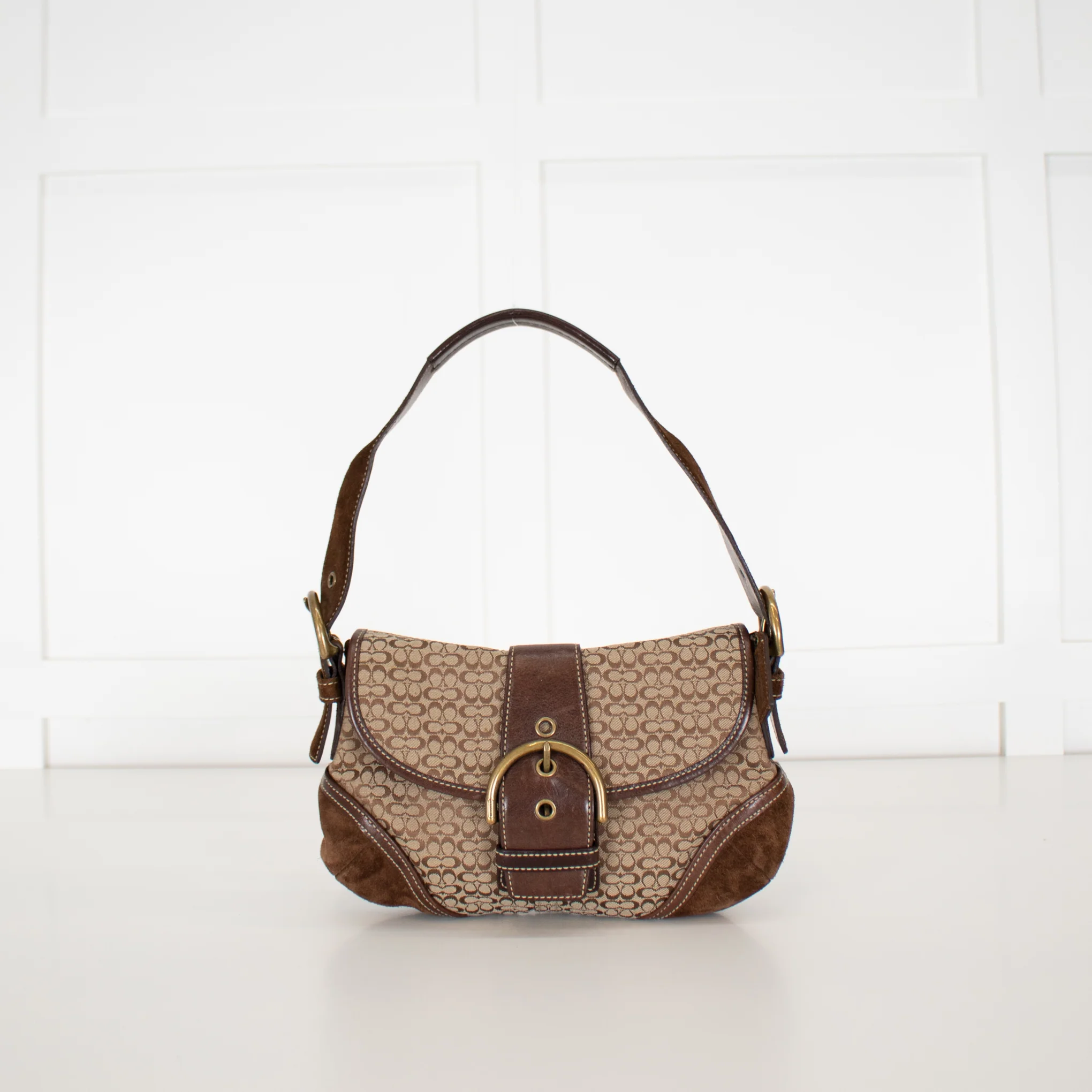 Coach Beige Canvas Brown Suede Soho Flap Shoulder Bag