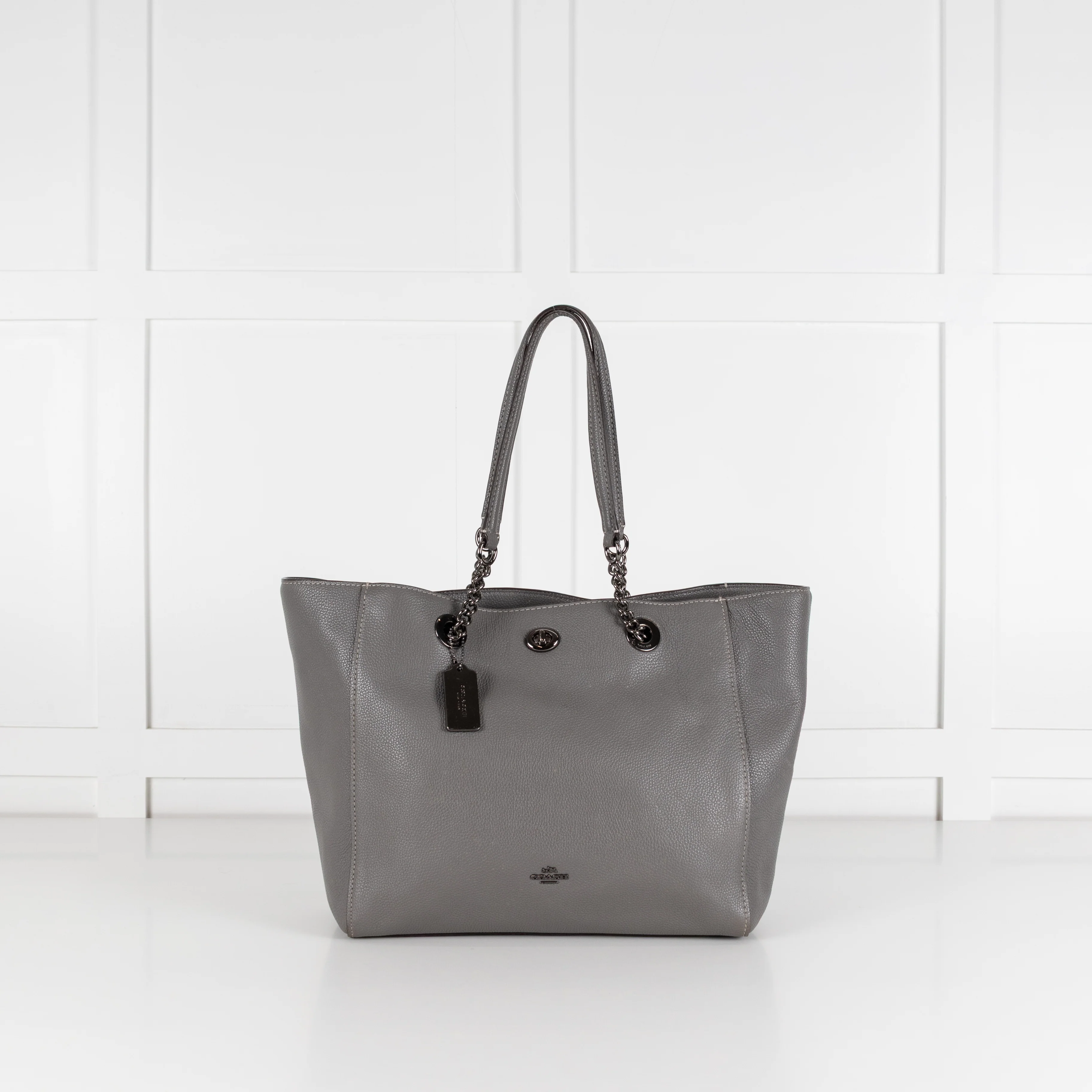 Coach Grey Pebbled Leather Turnlock Chain Tote