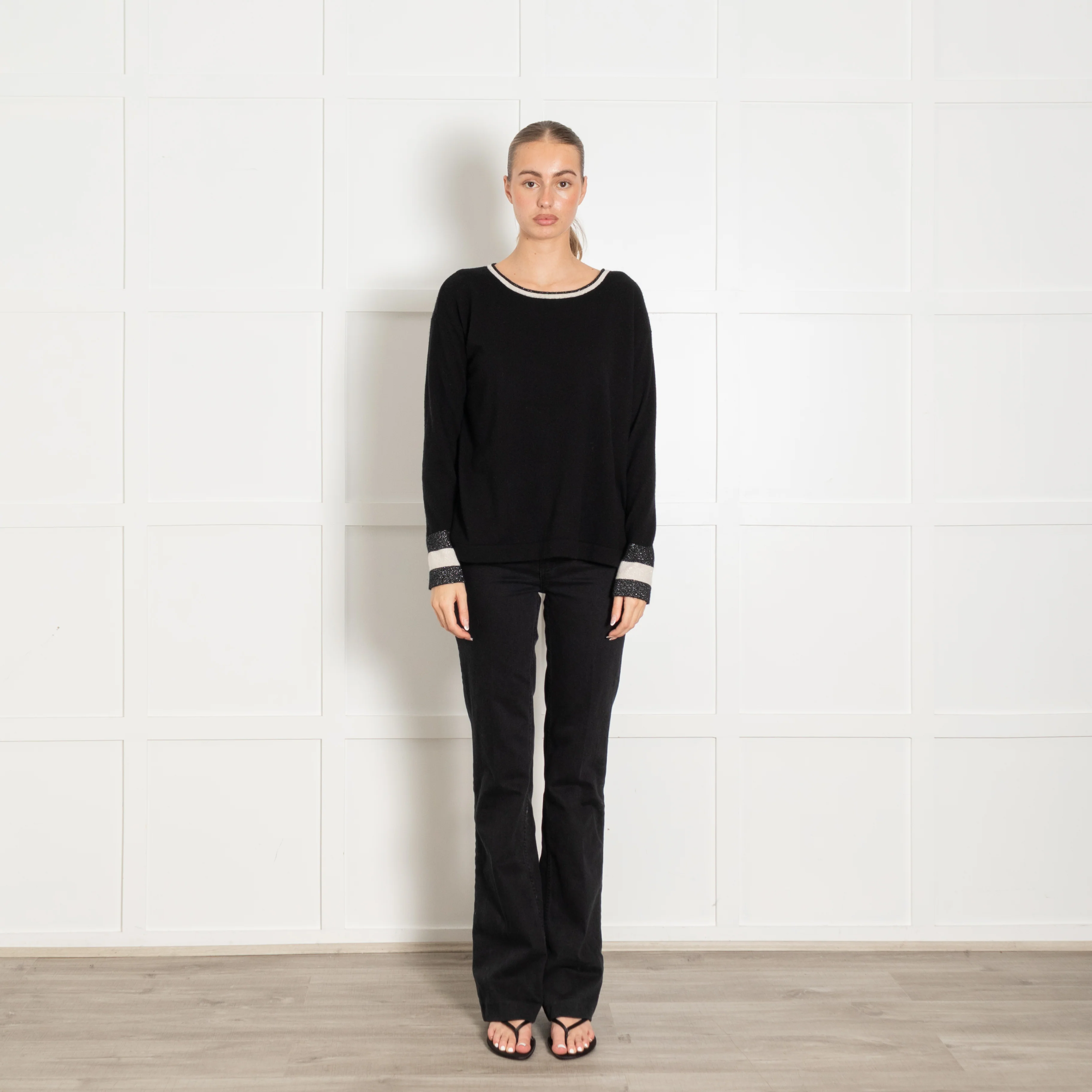 Cocoa Cashmere Black White Silver Lurex Trim Neck Cashmere Jumper