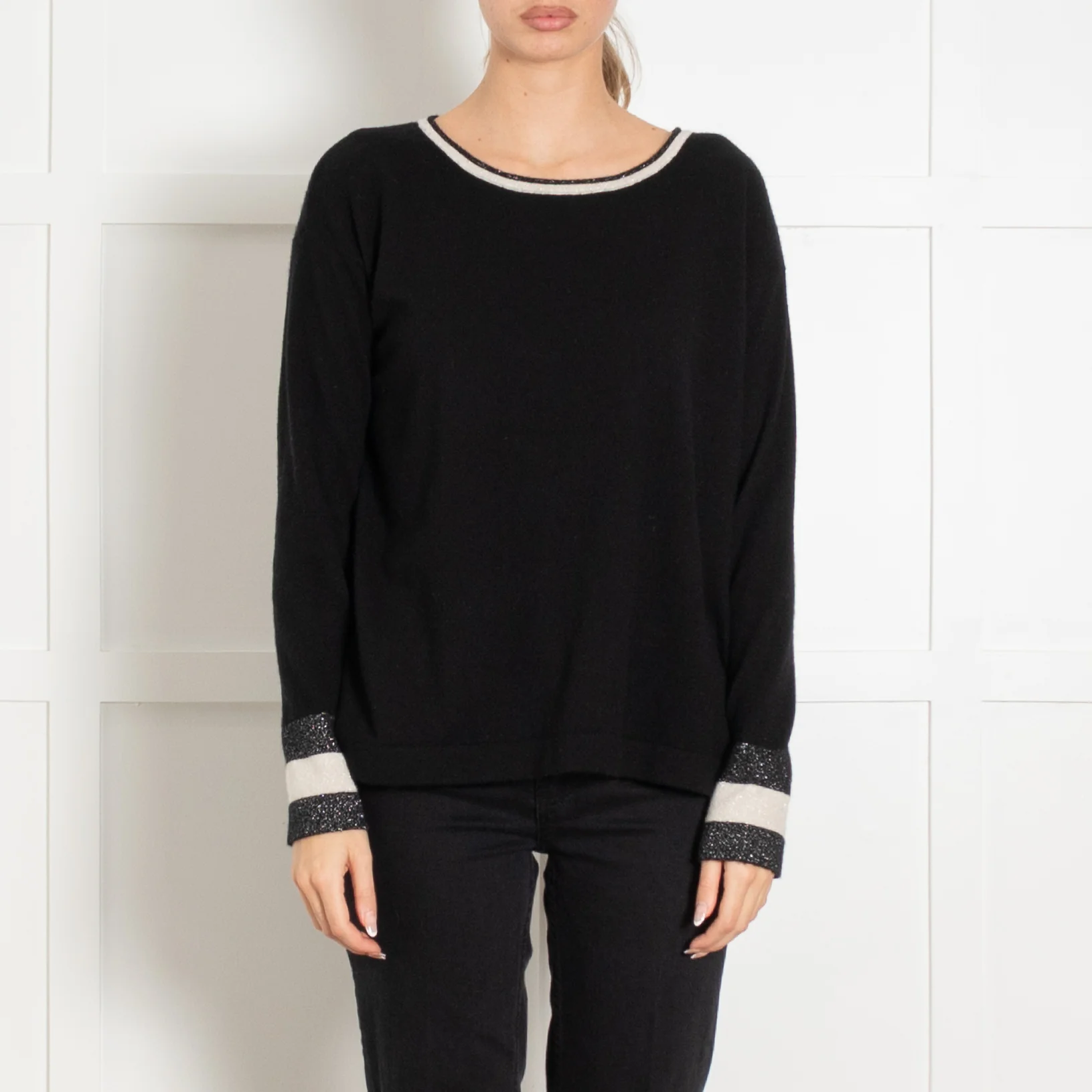 Cocoa Cashmere Black White Silver Lurex Trim Neck Cashmere Jumper - Image 2