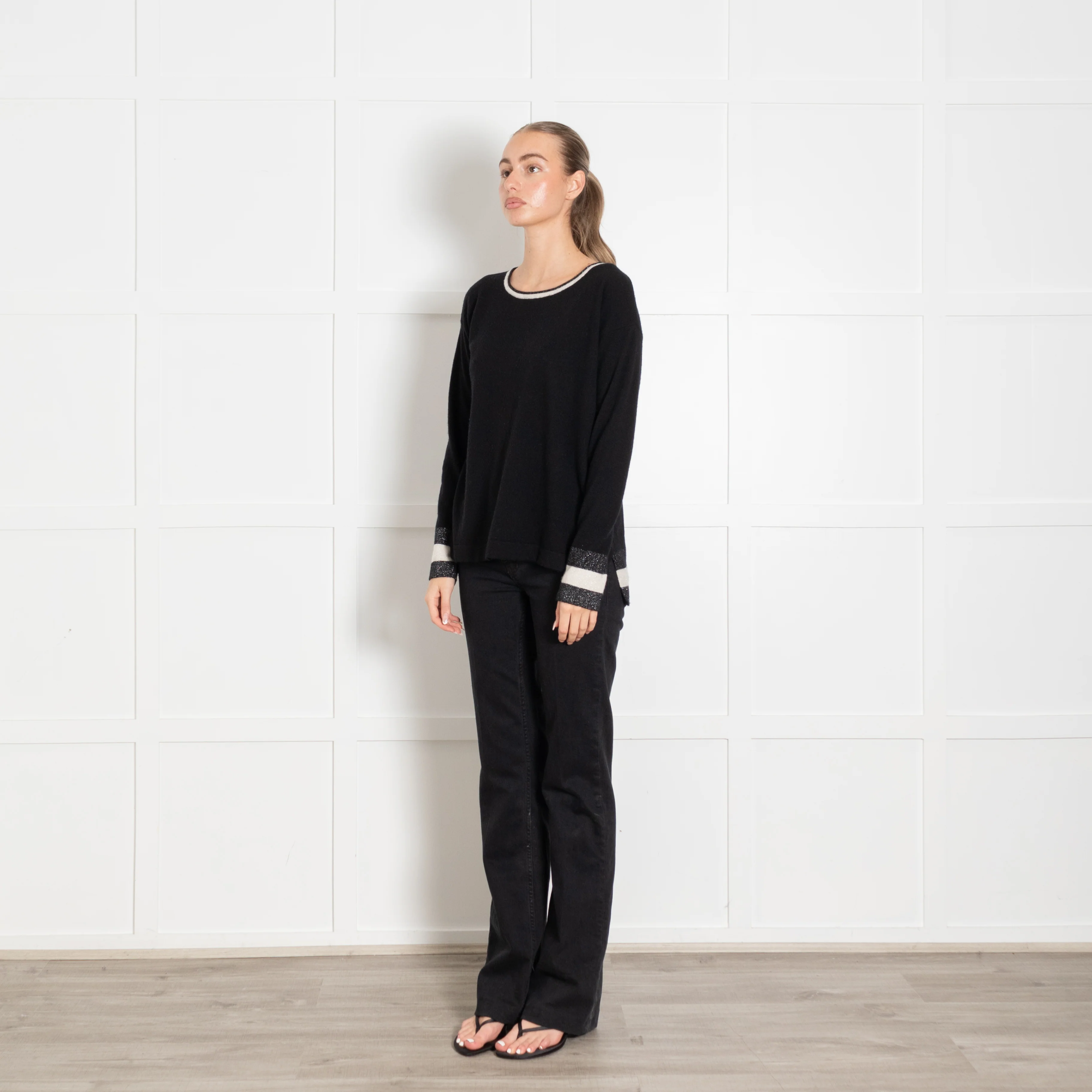 Cocoa Cashmere Black White Silver Lurex Trim Neck Cashmere Jumper - Image 3