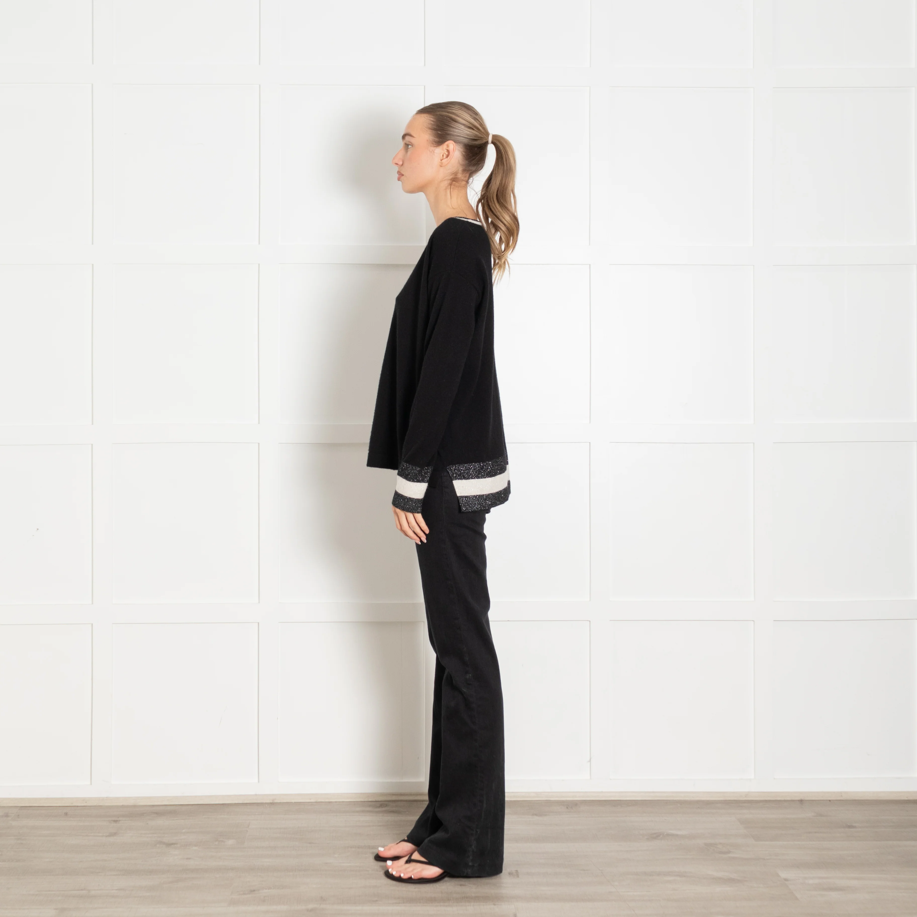 Cocoa Cashmere Black White Silver Lurex Trim Neck Cashmere Jumper - Image 4