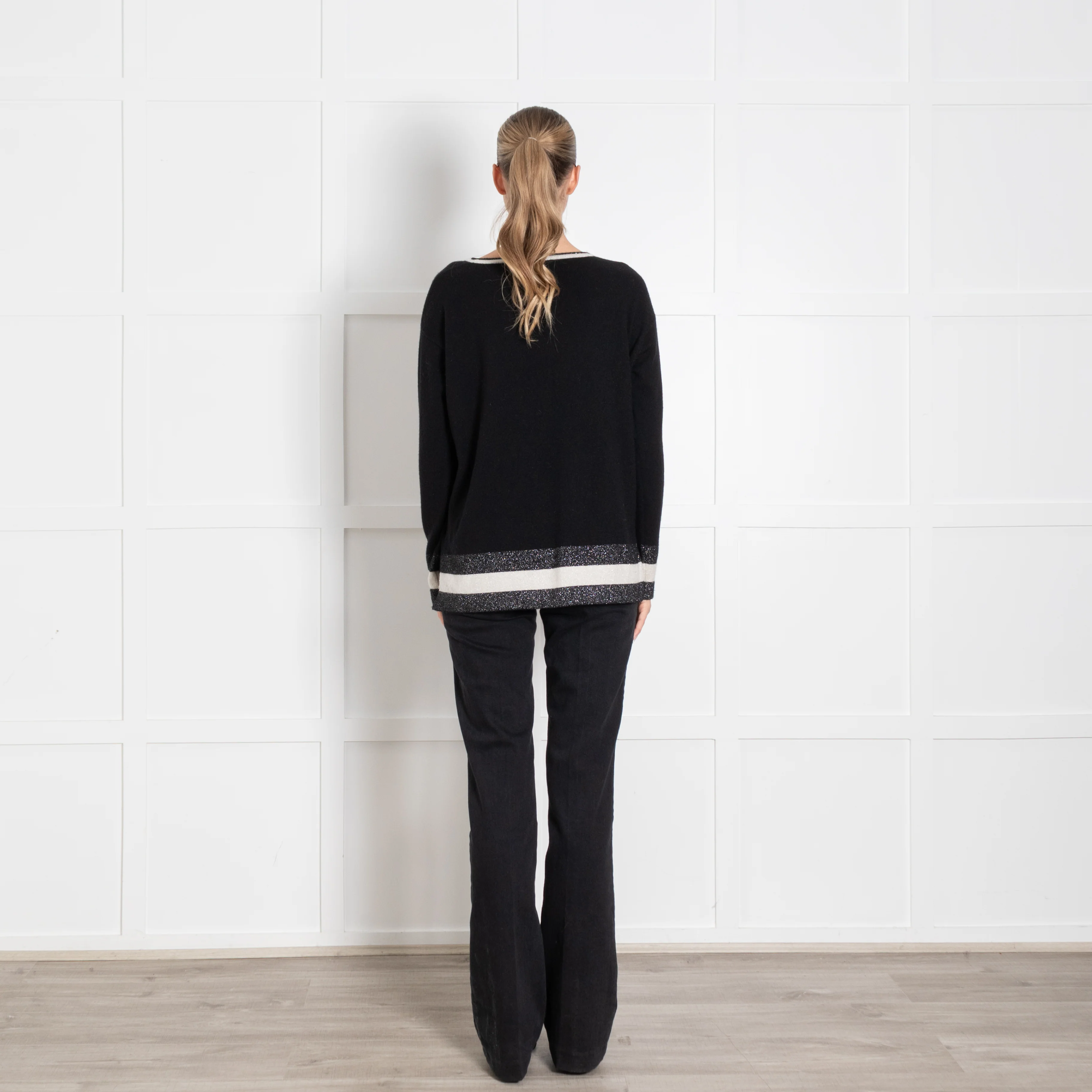 Cocoa Cashmere Black White Silver Lurex Trim Neck Cashmere Jumper - Image 5