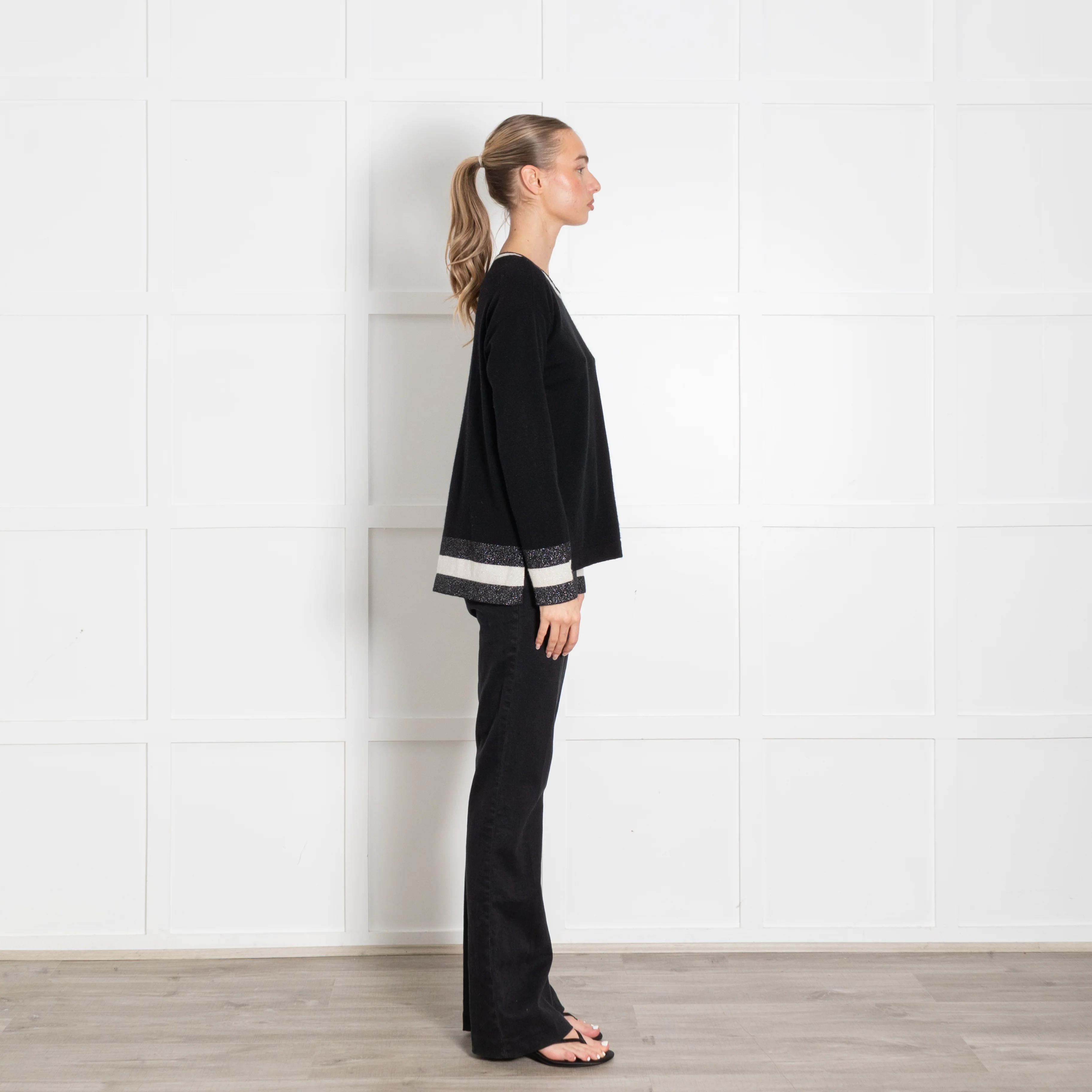 Cocoa Cashmere Black White Silver Lurex Trim Neck Cashmere Jumper - Image 6