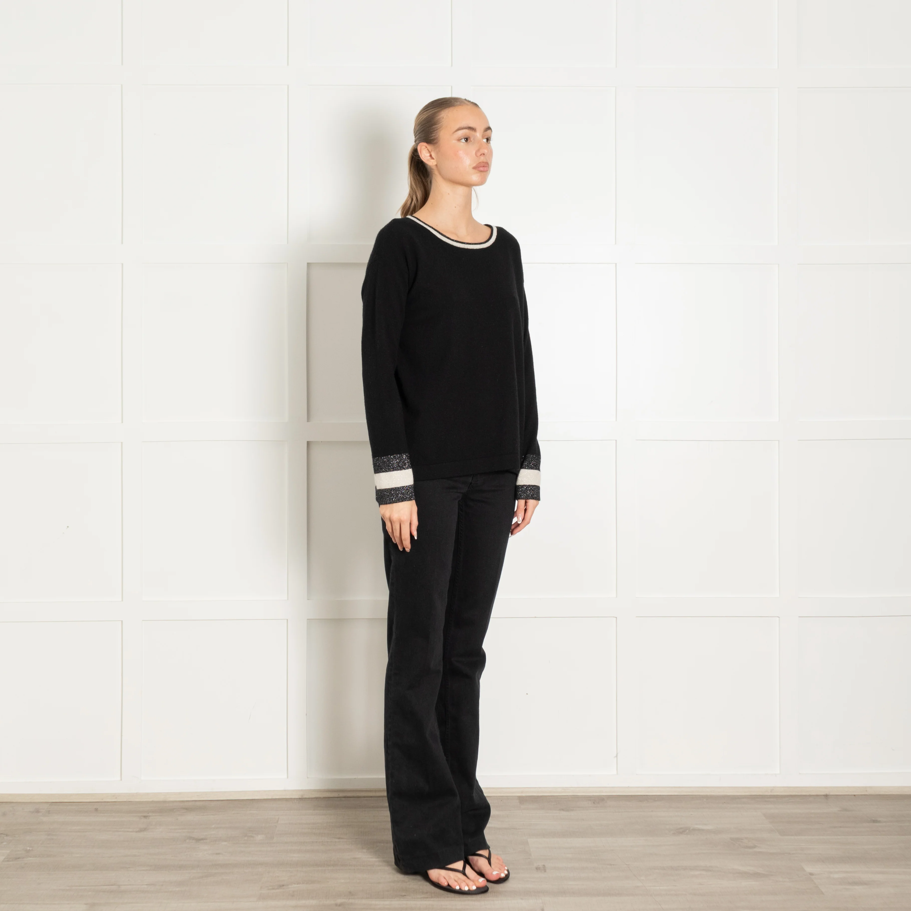 Cocoa Cashmere Black White Silver Lurex Trim Neck Cashmere Jumper - Image 7