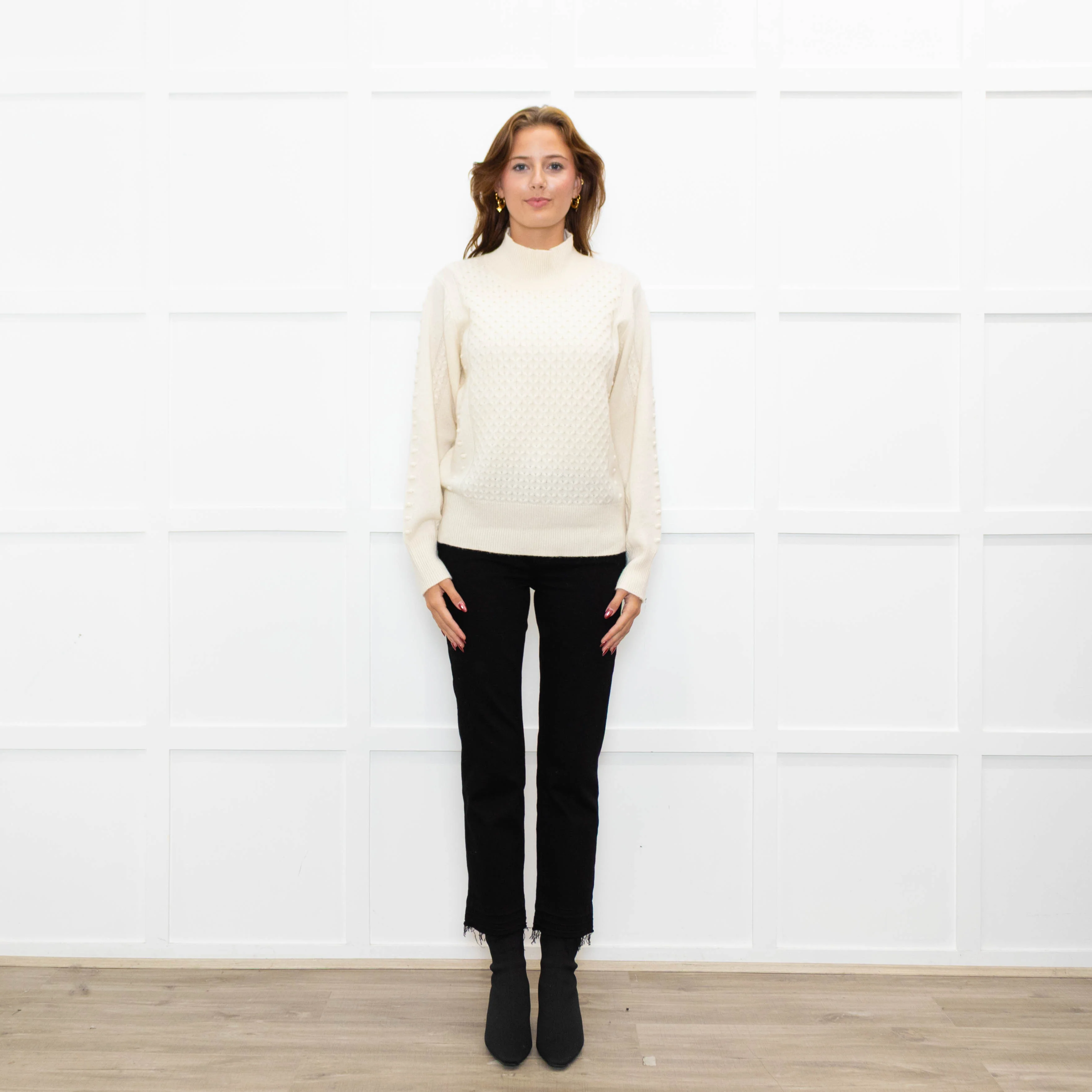 Cocoa Cashmere Cream High Neck Cashmere Cable Sweater