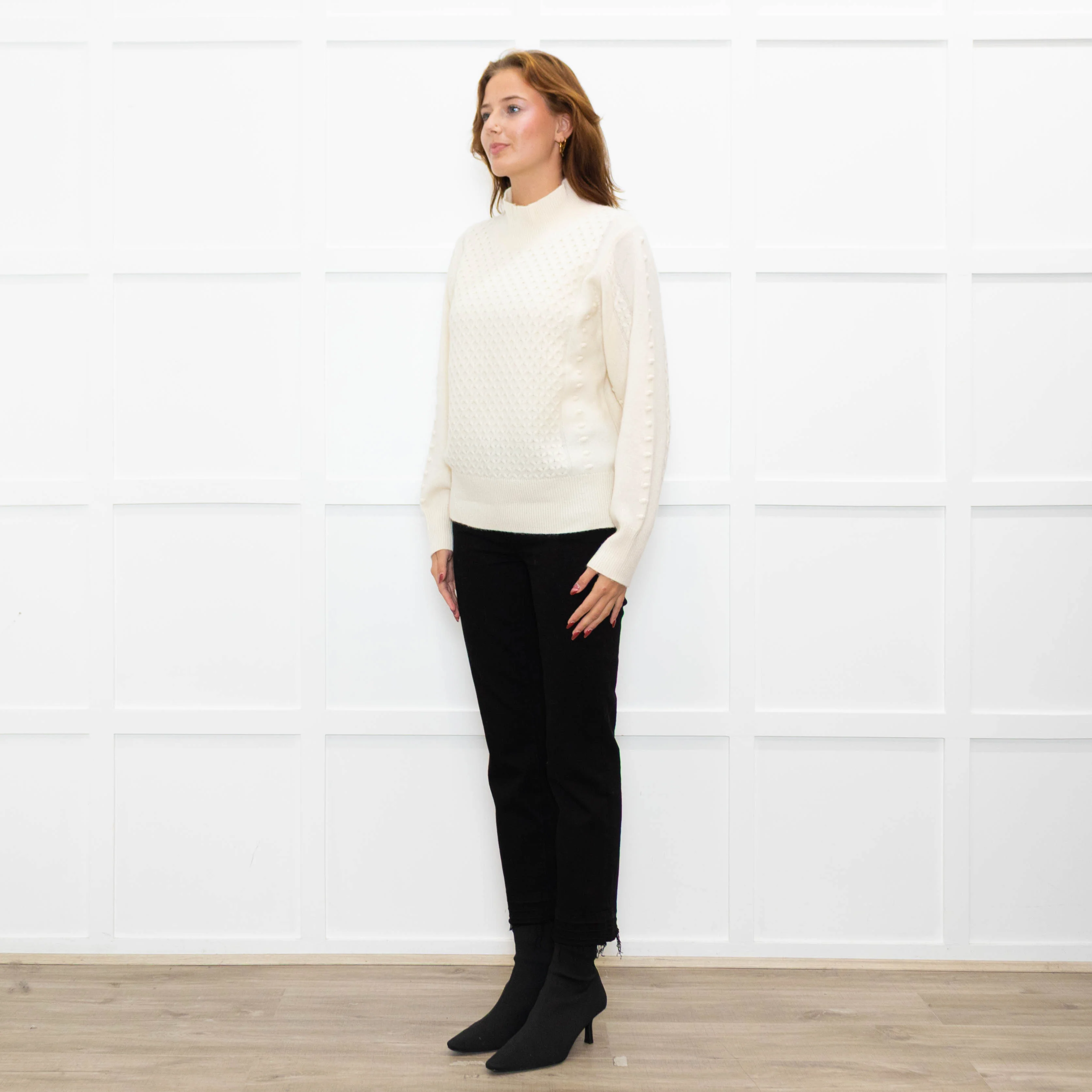 Cocoa Cashmere Cream High Neck Cashmere Cable Sweater - Image 3