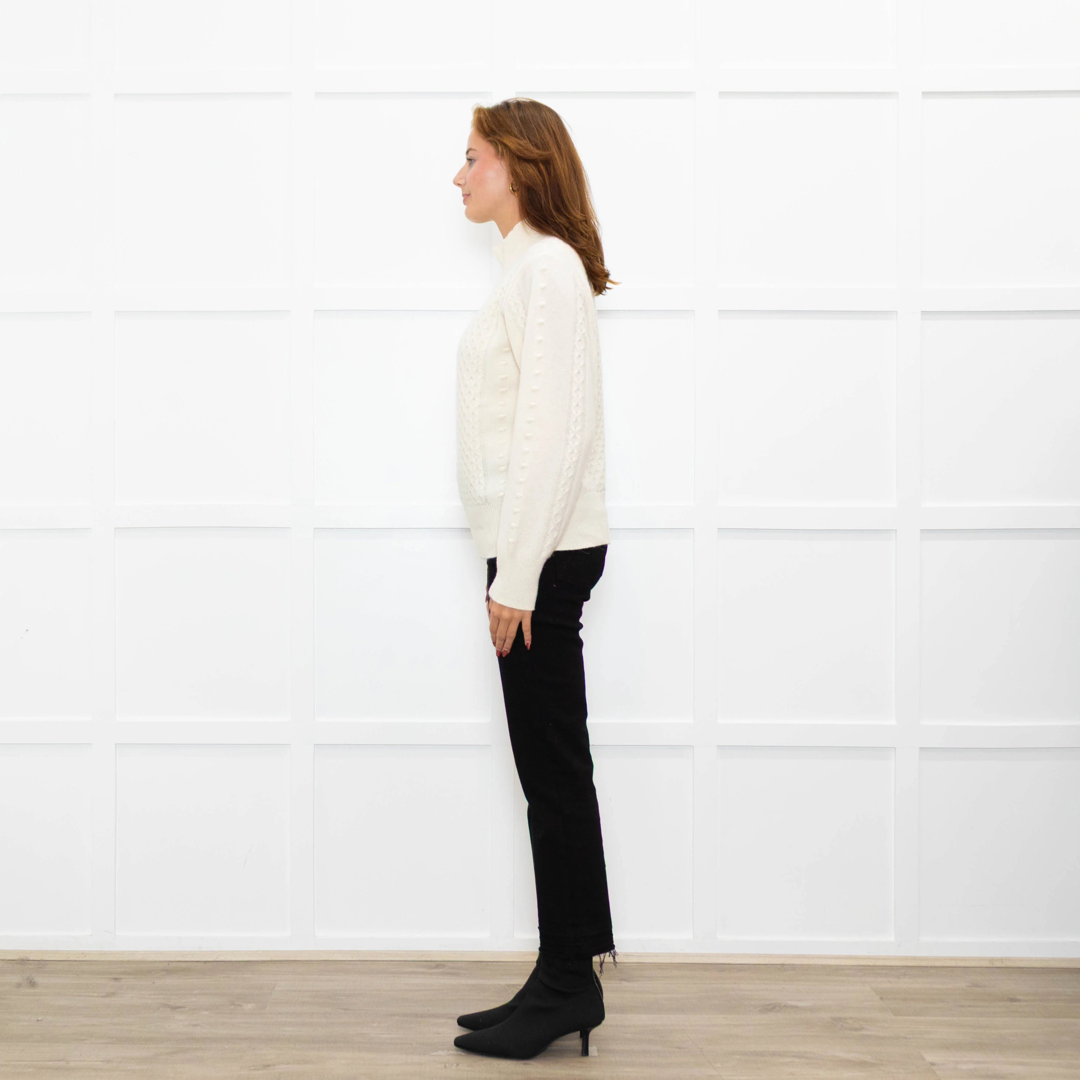 Cocoa Cashmere Cream High Neck Cashmere Cable Sweater - Image 4