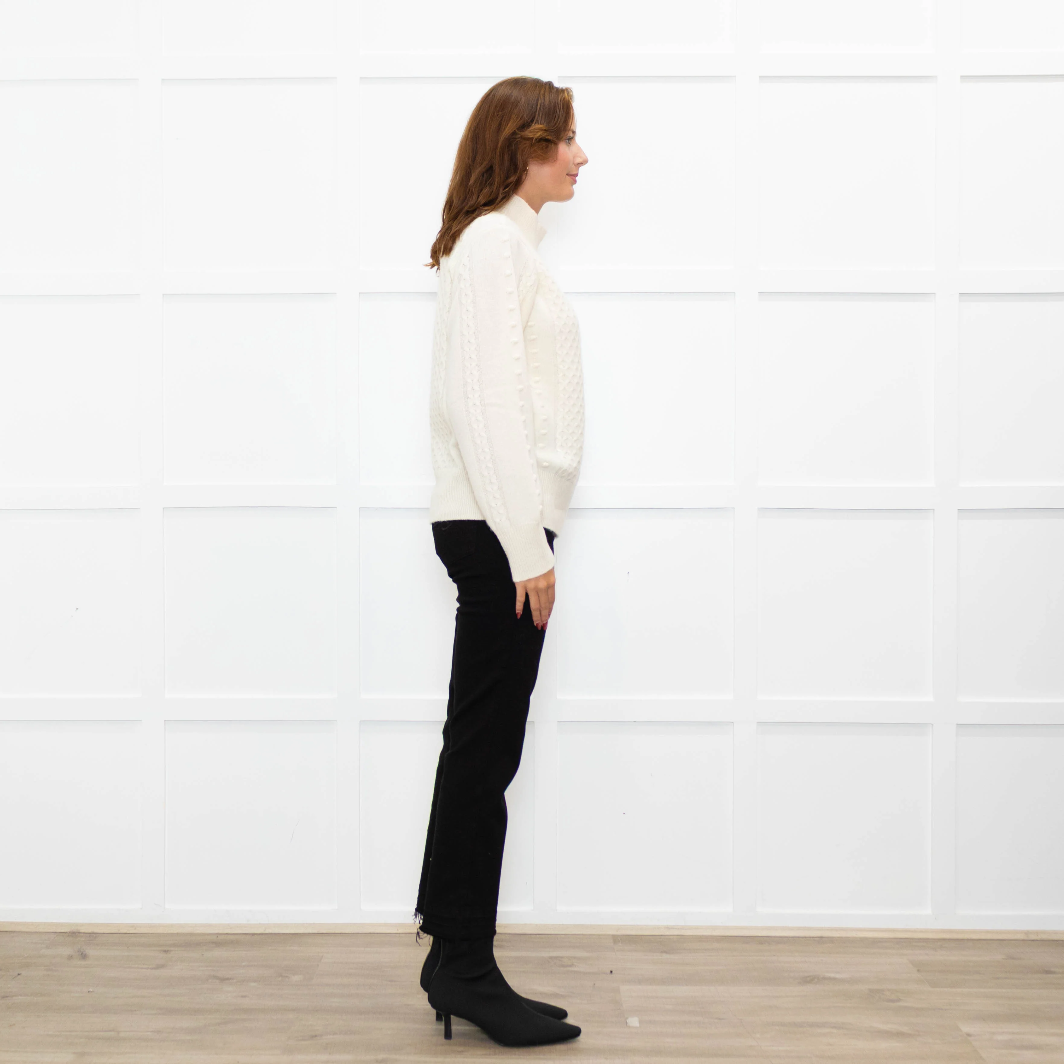 Cocoa Cashmere Cream High Neck Cashmere Cable Sweater - Image 6