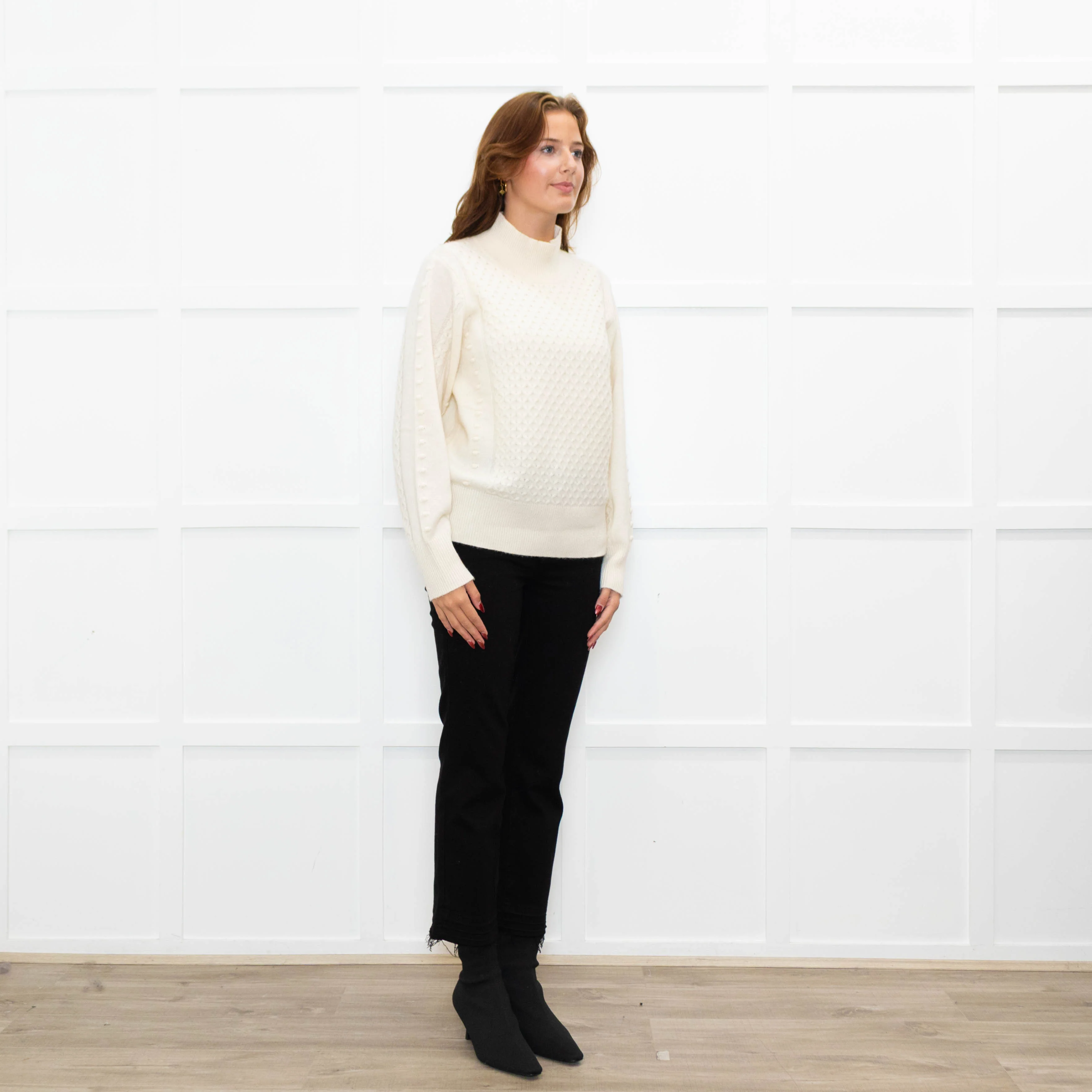 Cocoa Cashmere Cream High Neck Cashmere Cable Sweater - Image 7