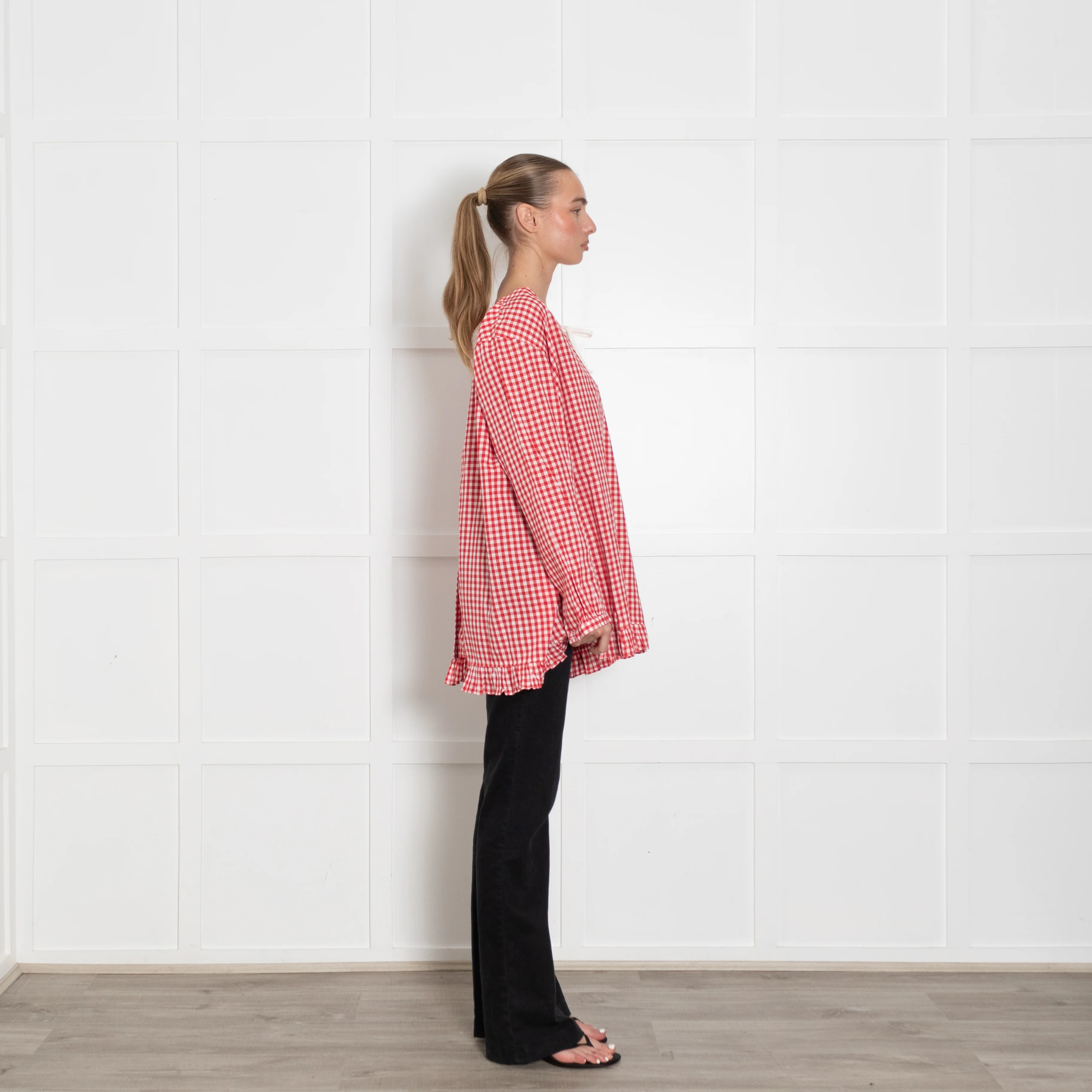 Comme des Garcons Girl Red & White Gingham L/Slv Oversized Top With Frill Hem & Button Back - Image 6