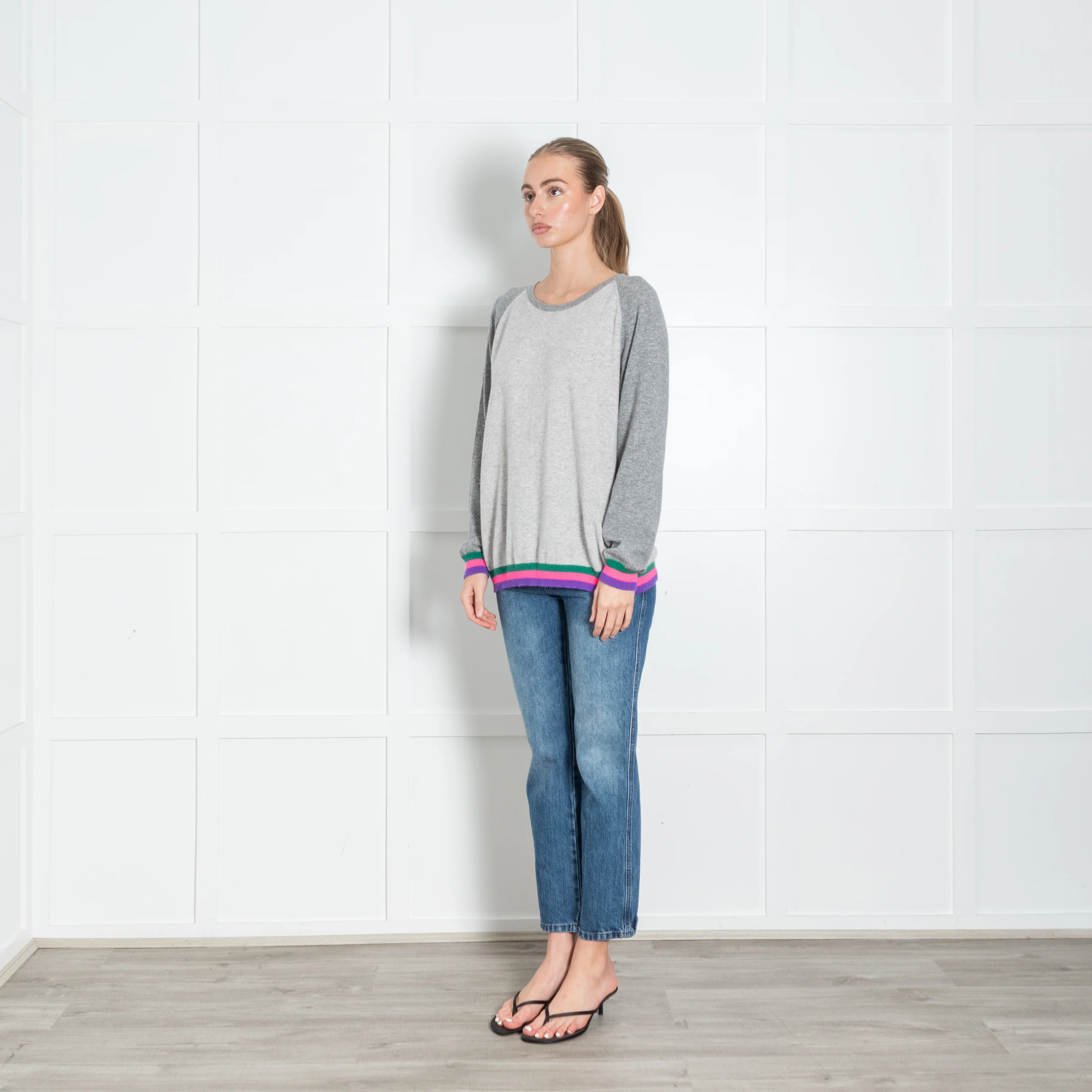 Cove Grey Multi Colour Trim Cashmere Jumper - Image 3