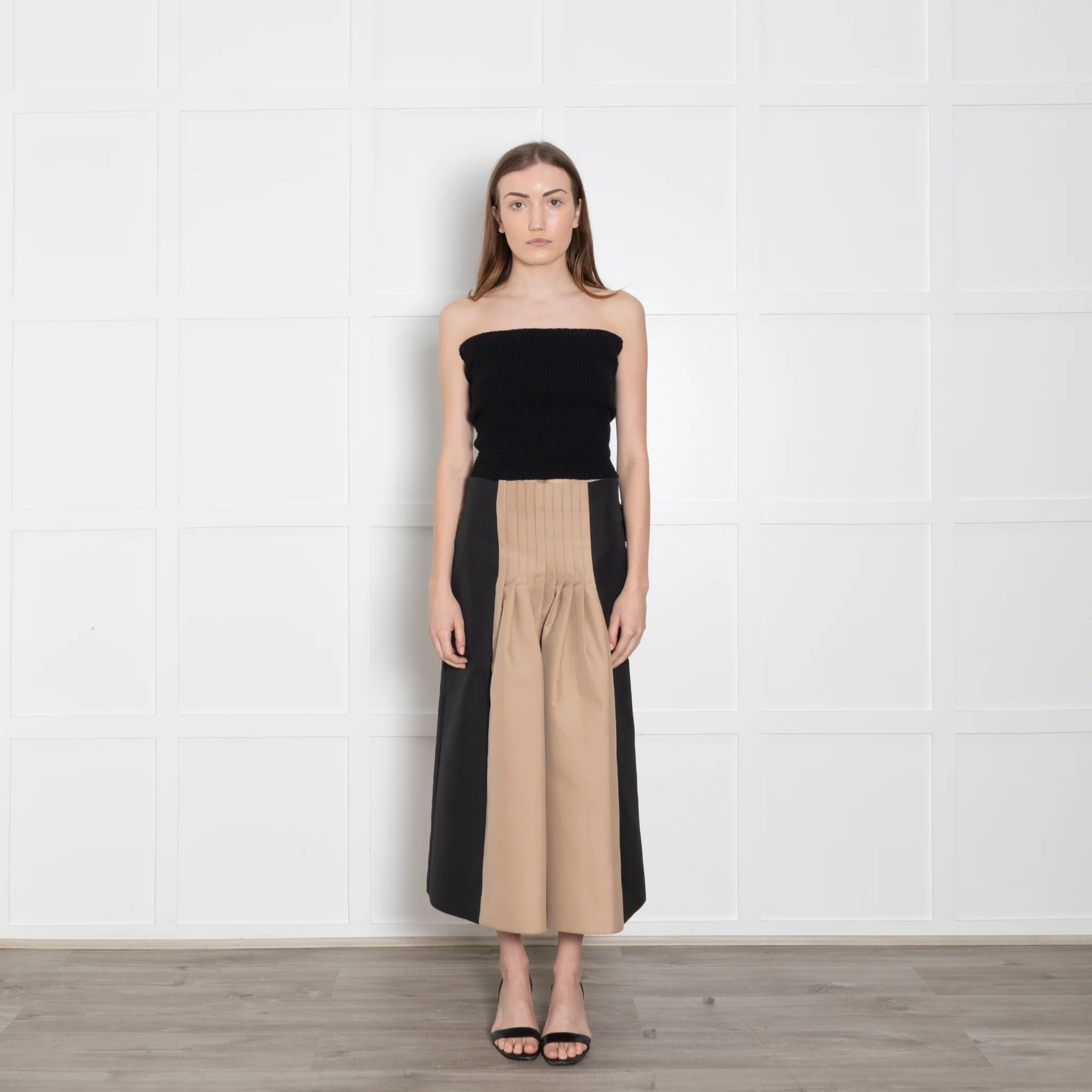 Cyclas Black Beige Pleated Waist Detail Midi Skirt