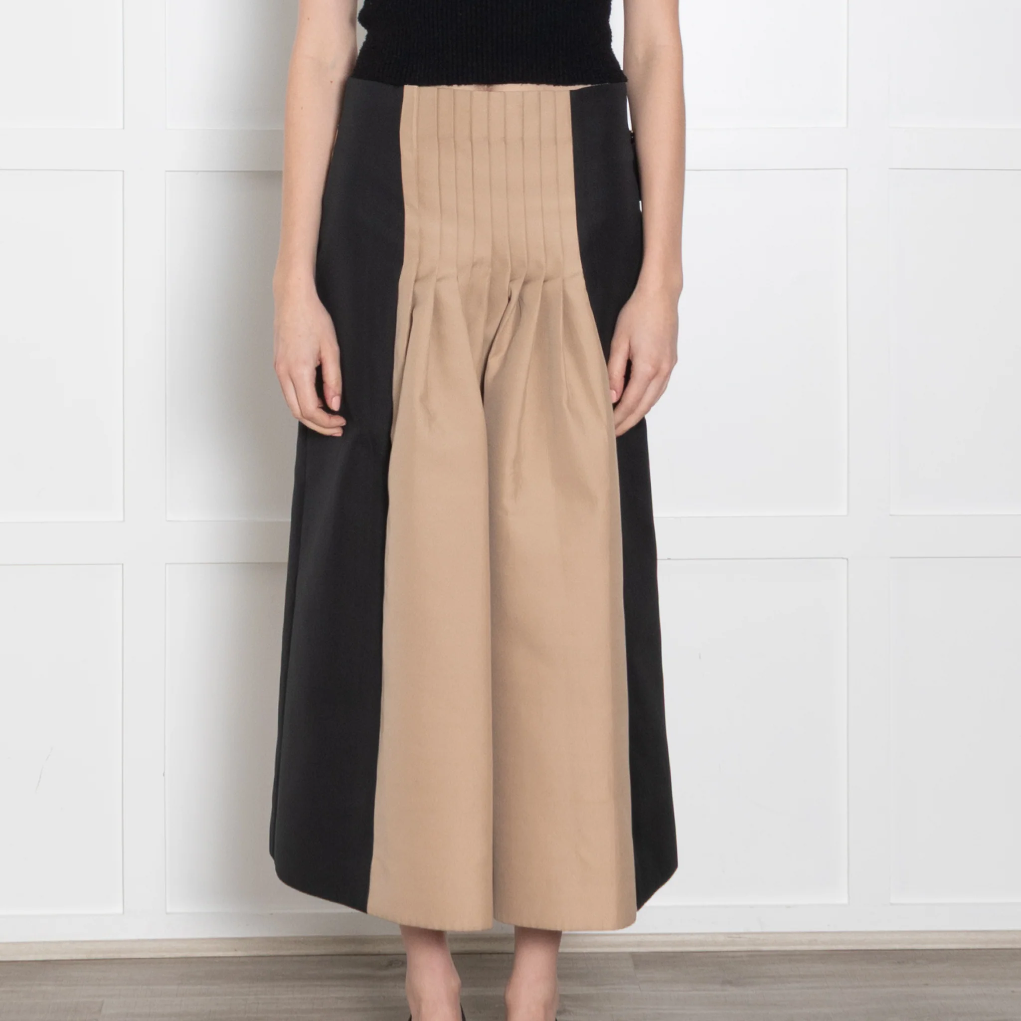 Cyclas Black Beige Pleated Waist Detail Midi Skirt - Image 2