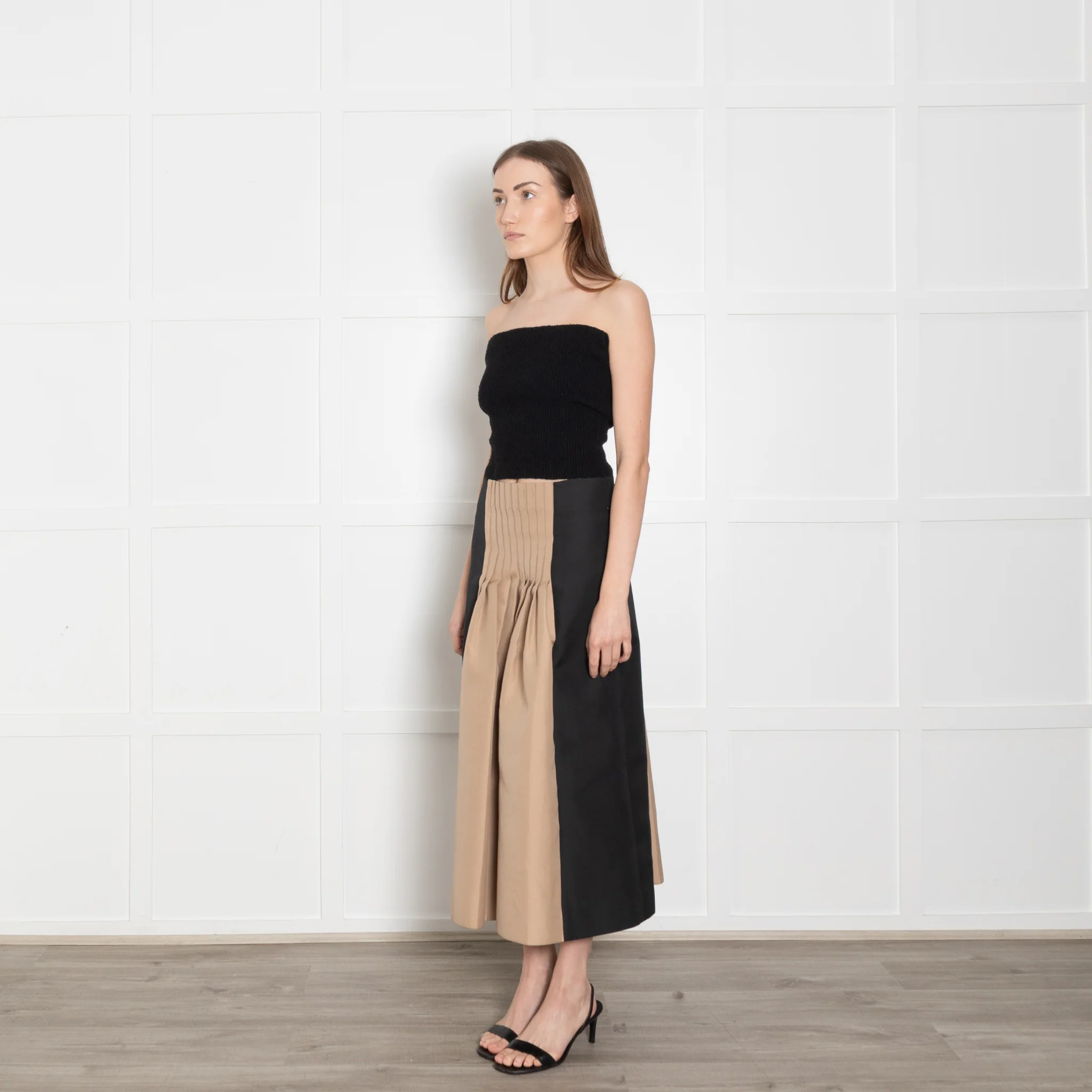 Cyclas Black Beige Pleated Waist Detail Midi Skirt - Image 3