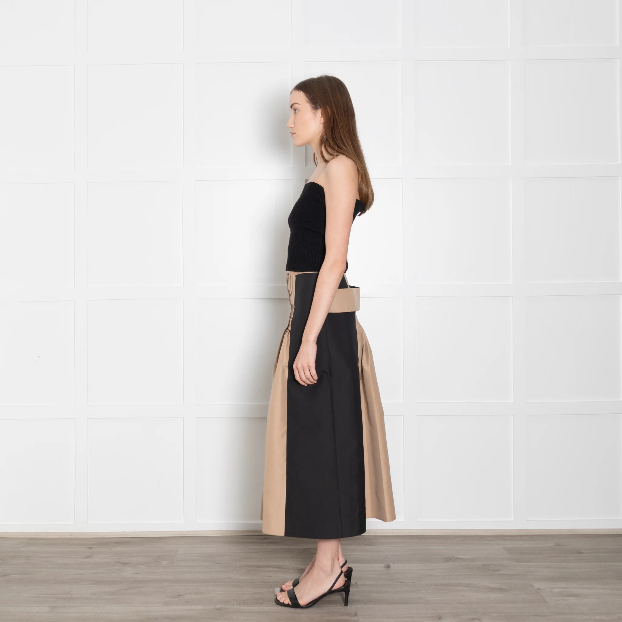 Cyclas Black Beige Pleated Waist Detail Midi Skirt - Image 4