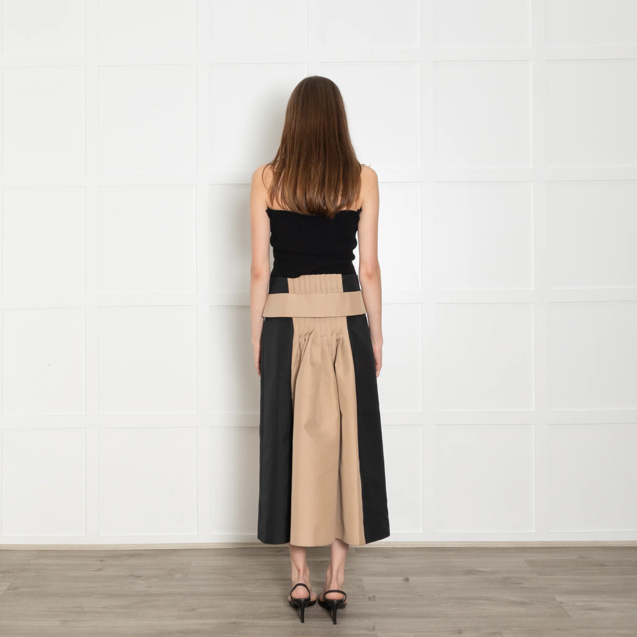 Cyclas Black Beige Pleated Waist Detail Midi Skirt - Image 5