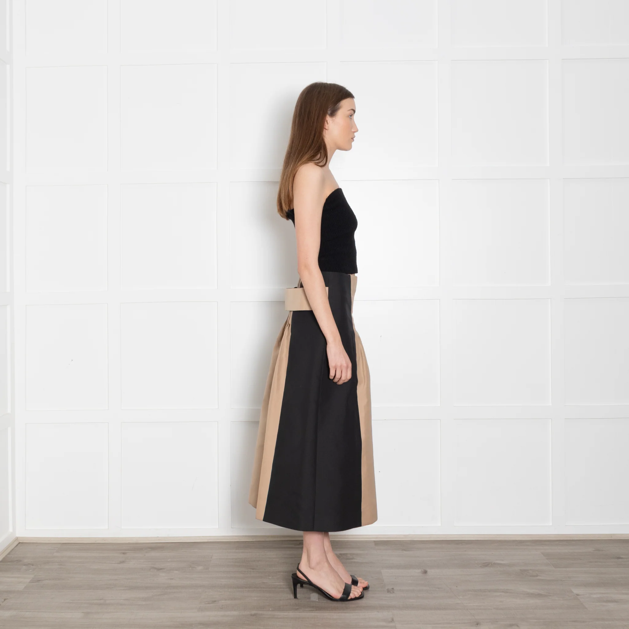 Cyclas Black Beige Pleated Waist Detail Midi Skirt - Image 6
