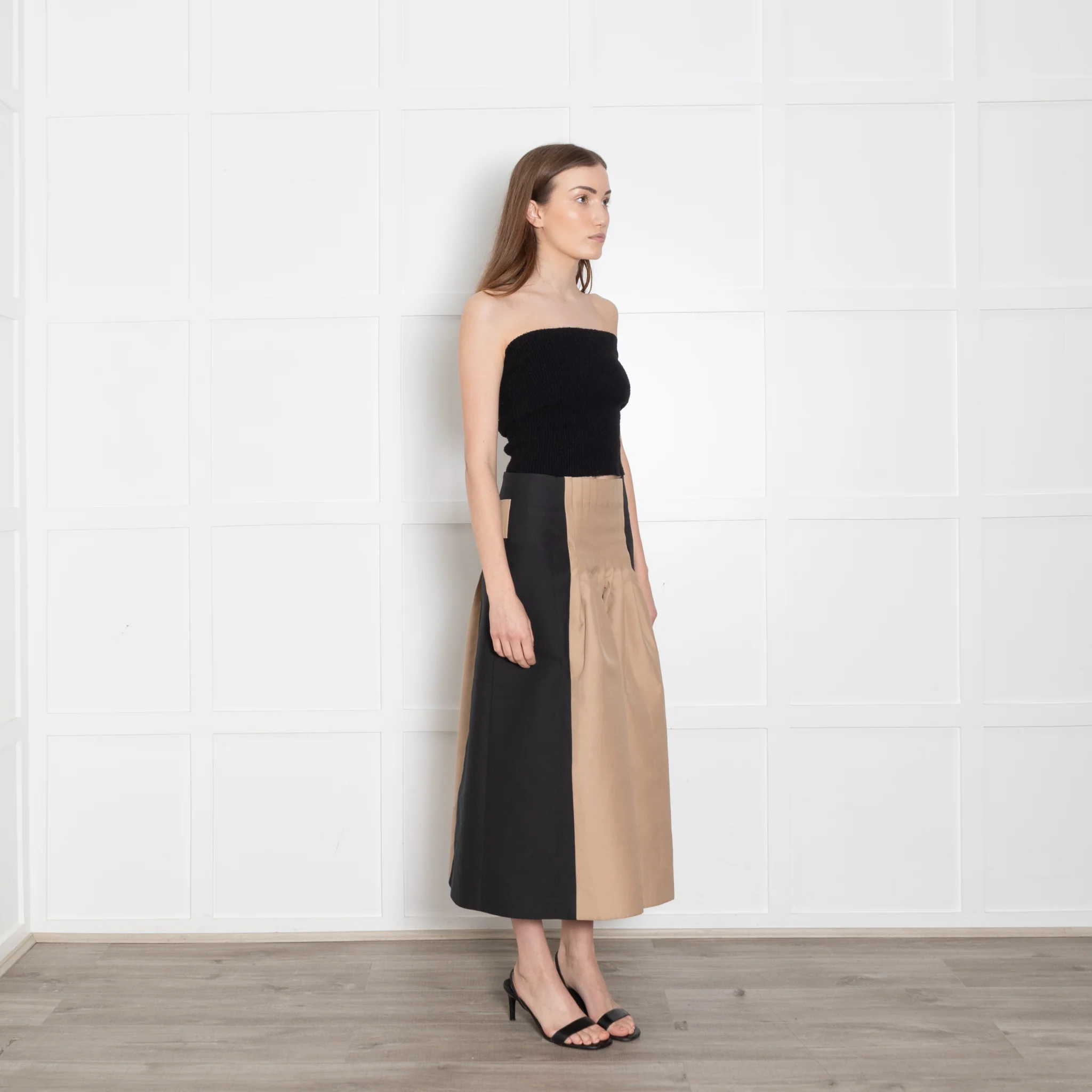 Cyclas Black Beige Pleated Waist Detail Midi Skirt - Image 7