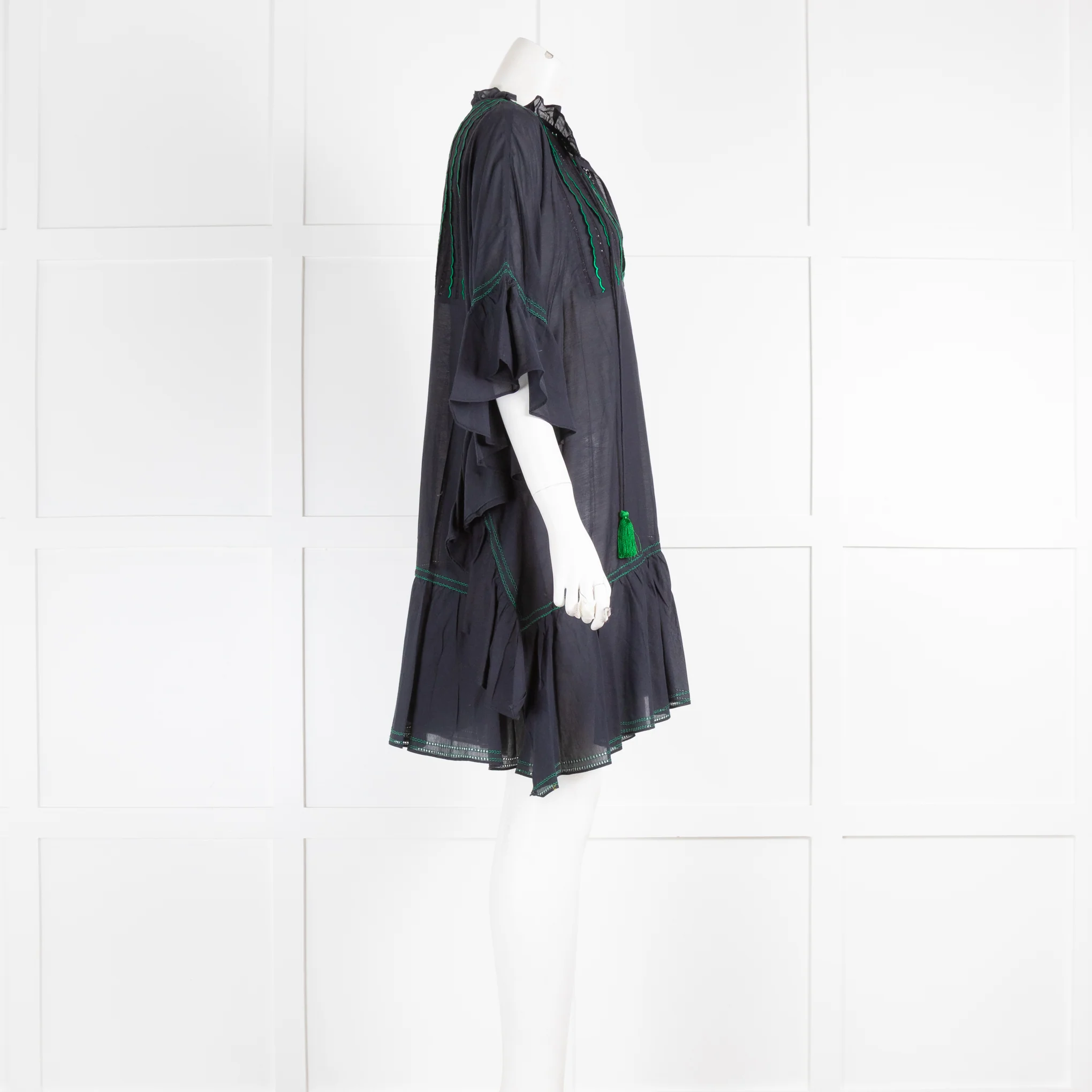 Cynthia Rowley Blue Cotton Dress Green Scallop Detail - Image 2