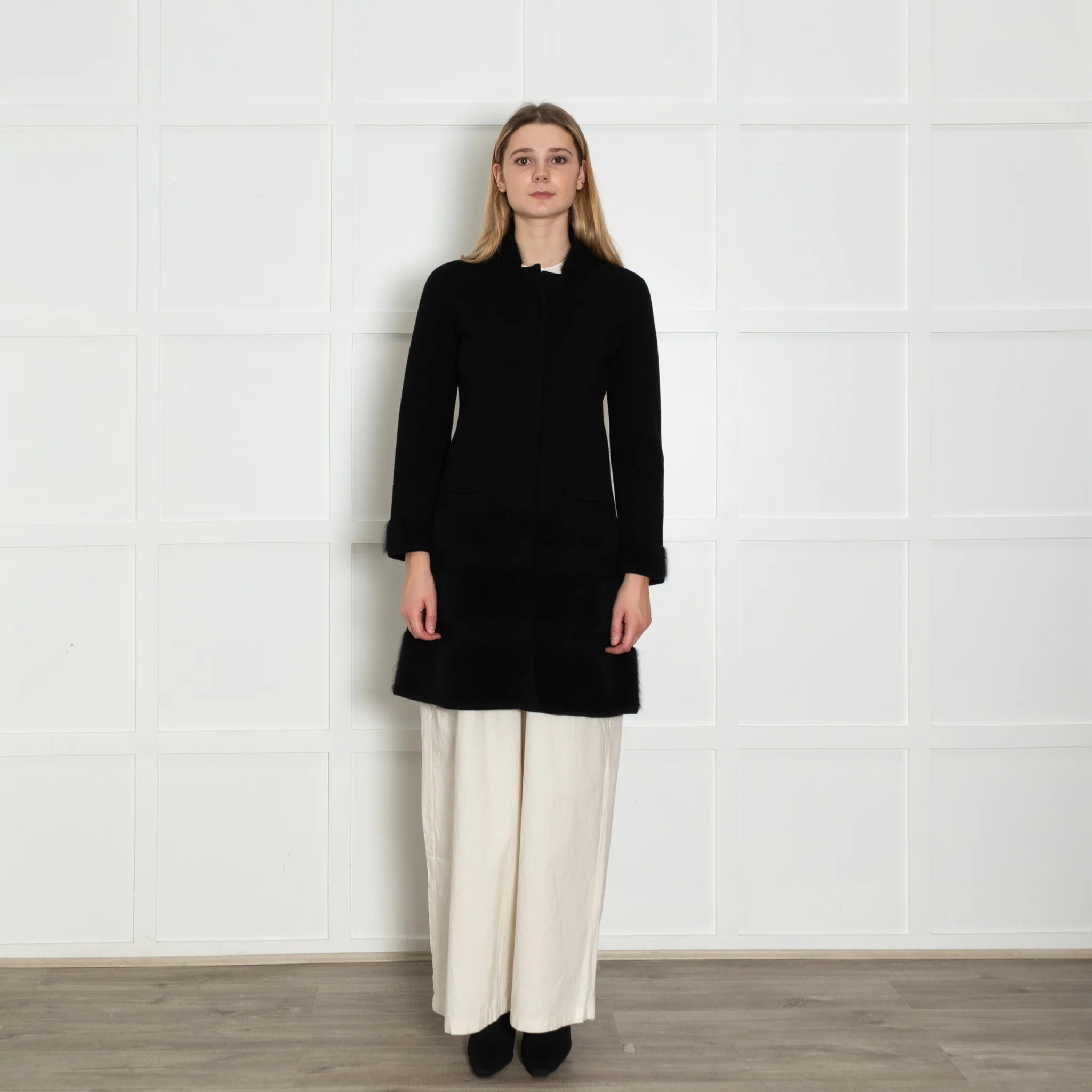 D Exterior Black Knit Angora Blend Coat