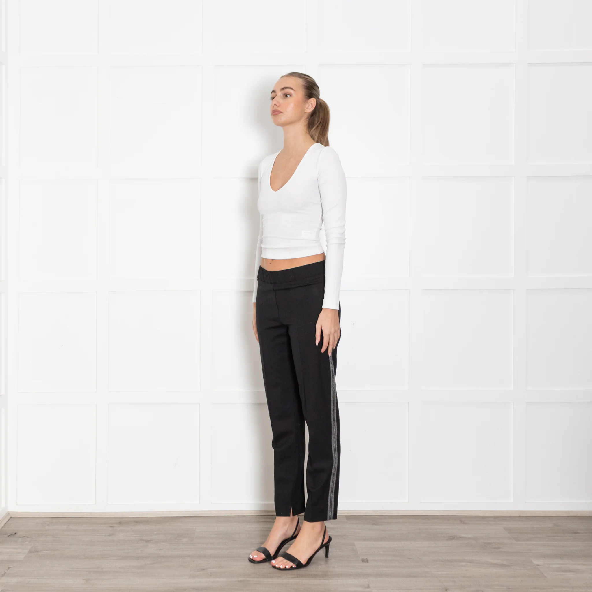 D Exterior Black Wool Mix Trousers With Grey and Beaded Side Panels - Image 3