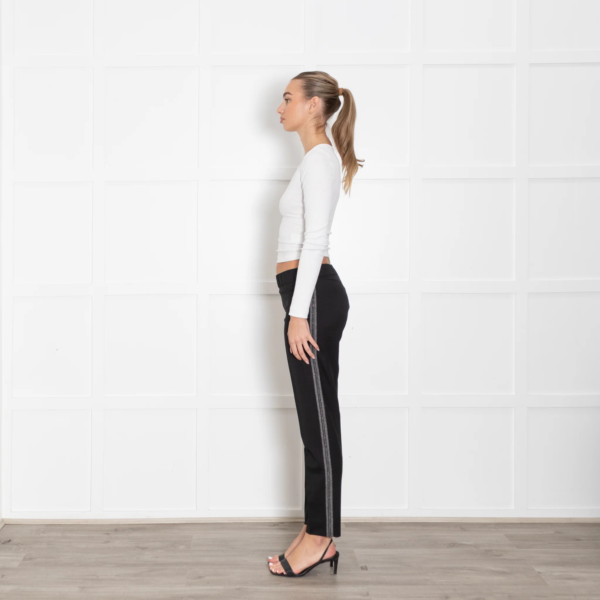 D Exterior Black Wool Mix Trousers With Grey and Beaded Side Panels - Image 4