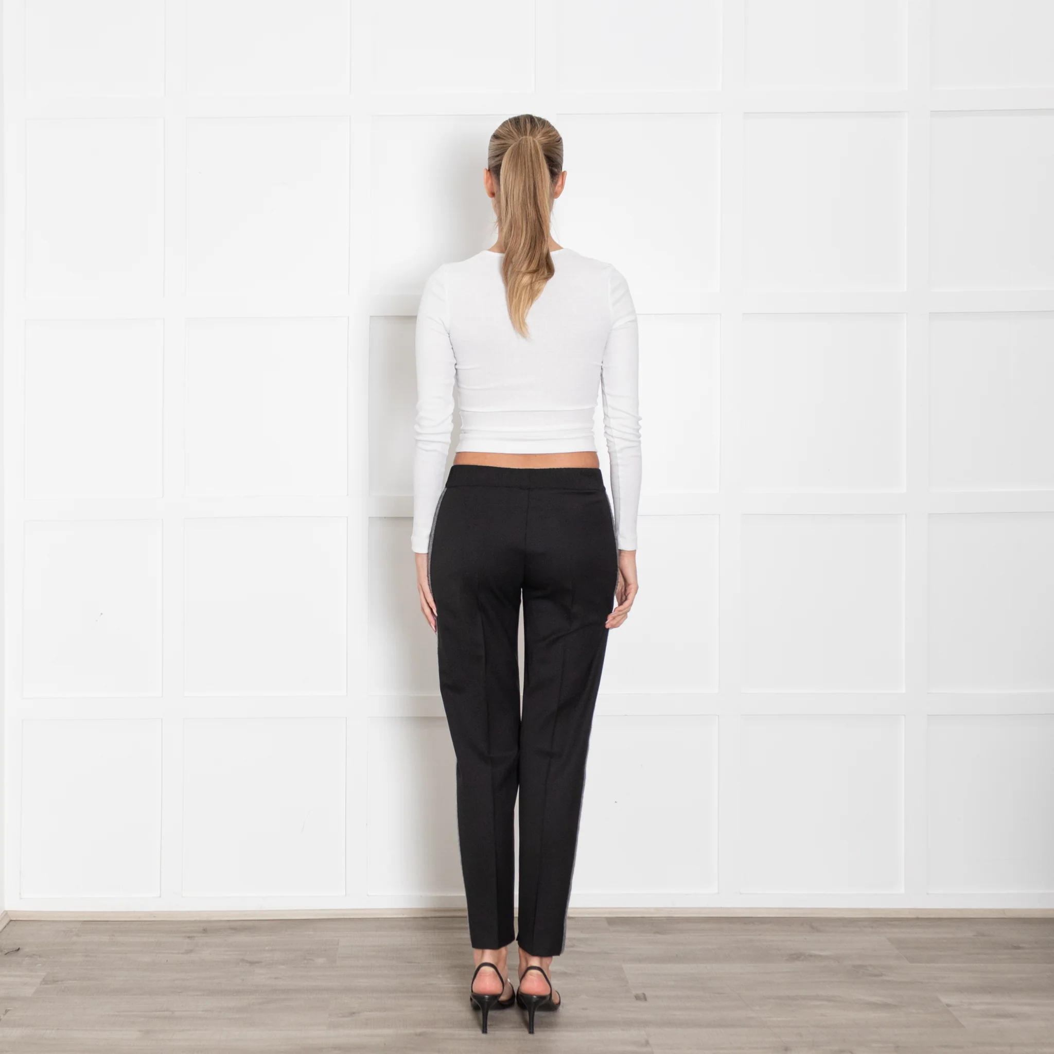 D Exterior Black Wool Mix Trousers With Grey and Beaded Side Panels - Image 5
