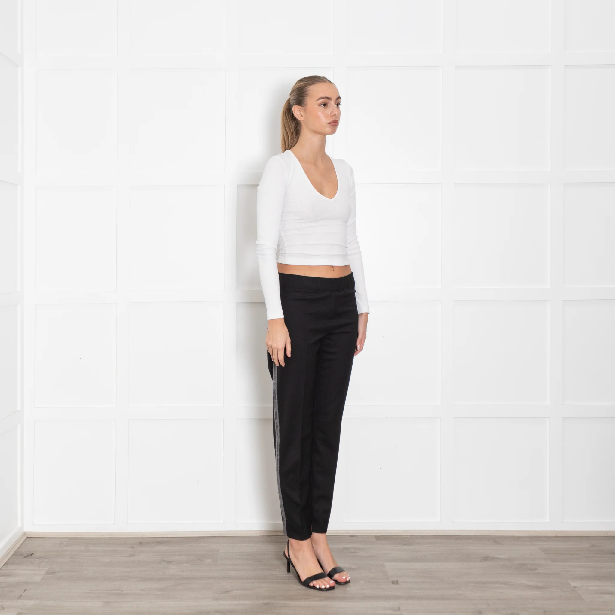 D Exterior Black Wool Mix Trousers With Grey and Beaded Side Panels - Image 7