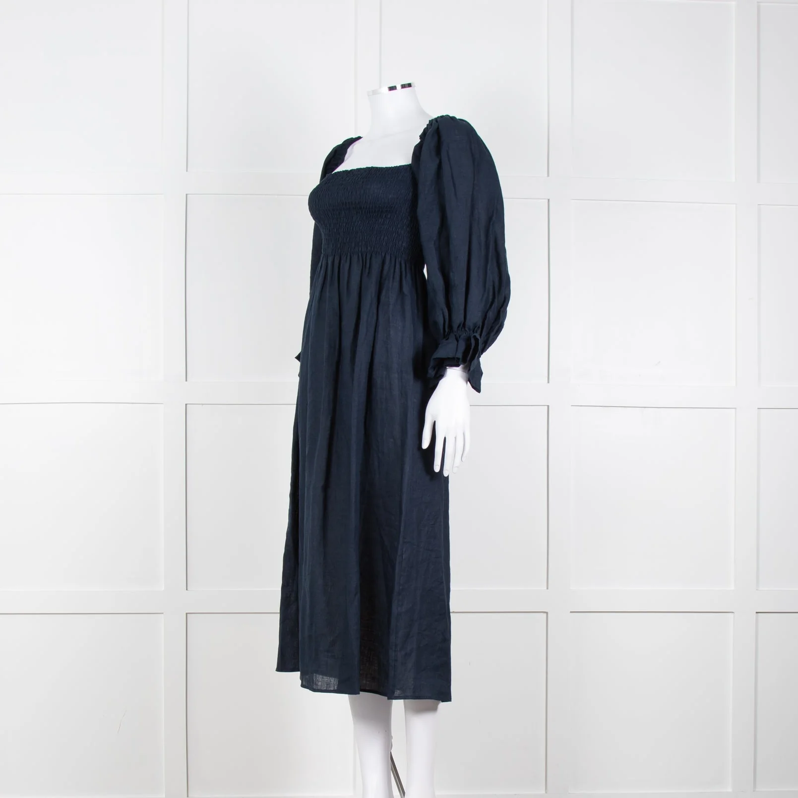 Daily Sleeper Navy Linen Smocked Midi Dress with Puff Sleeves - Image 2