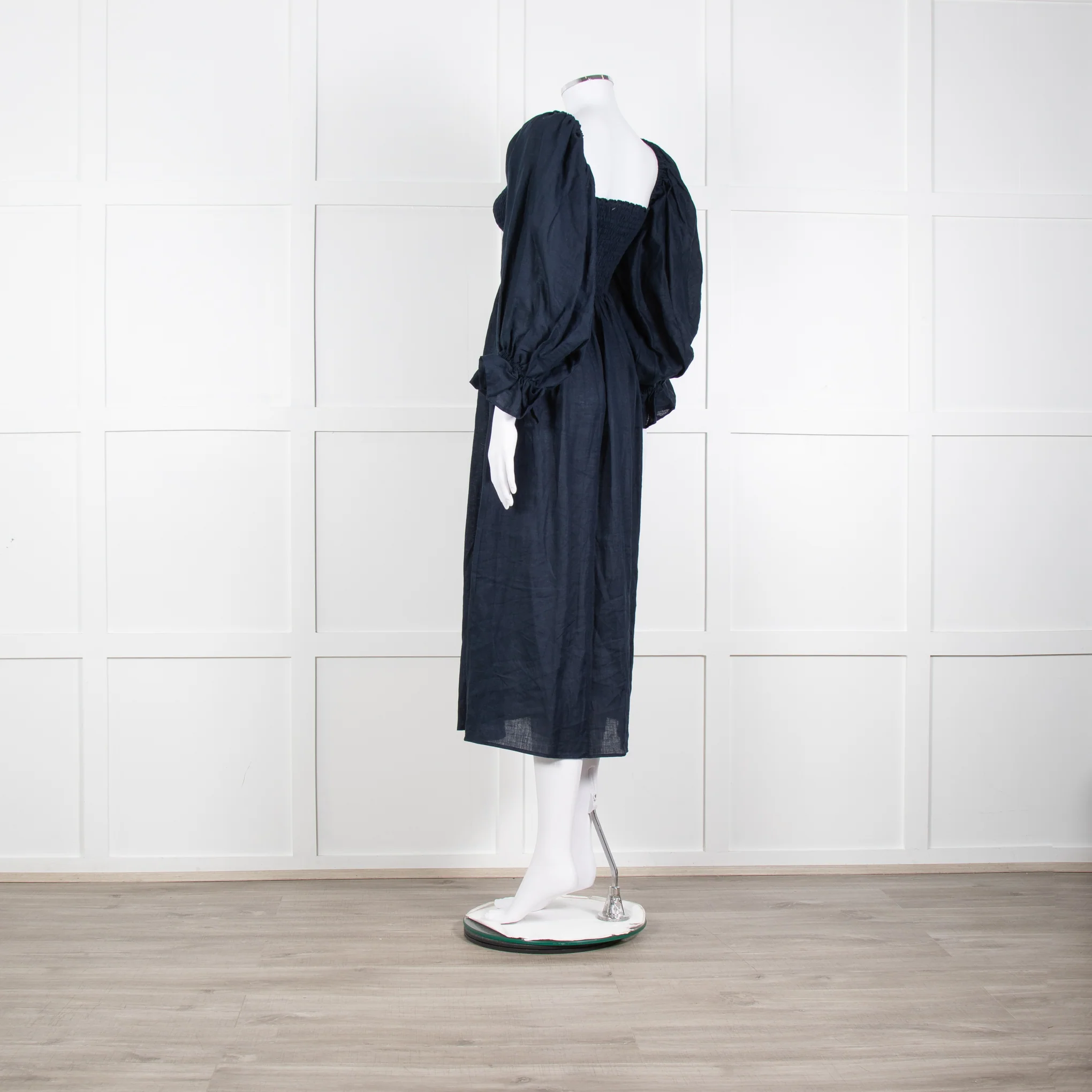 Daily Sleeper Navy Linen Smocked Midi Dress with Puff Sleeves - Image 4