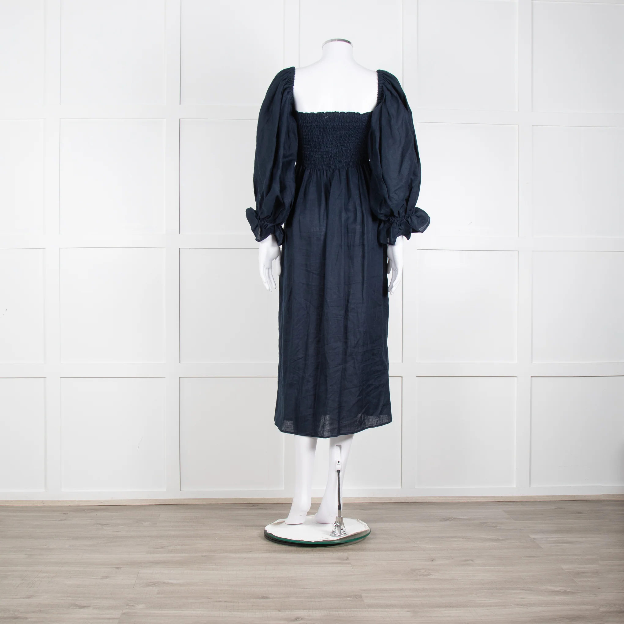 Daily Sleeper Navy Linen Smocked Midi Dress with Puff Sleeves - Image 5