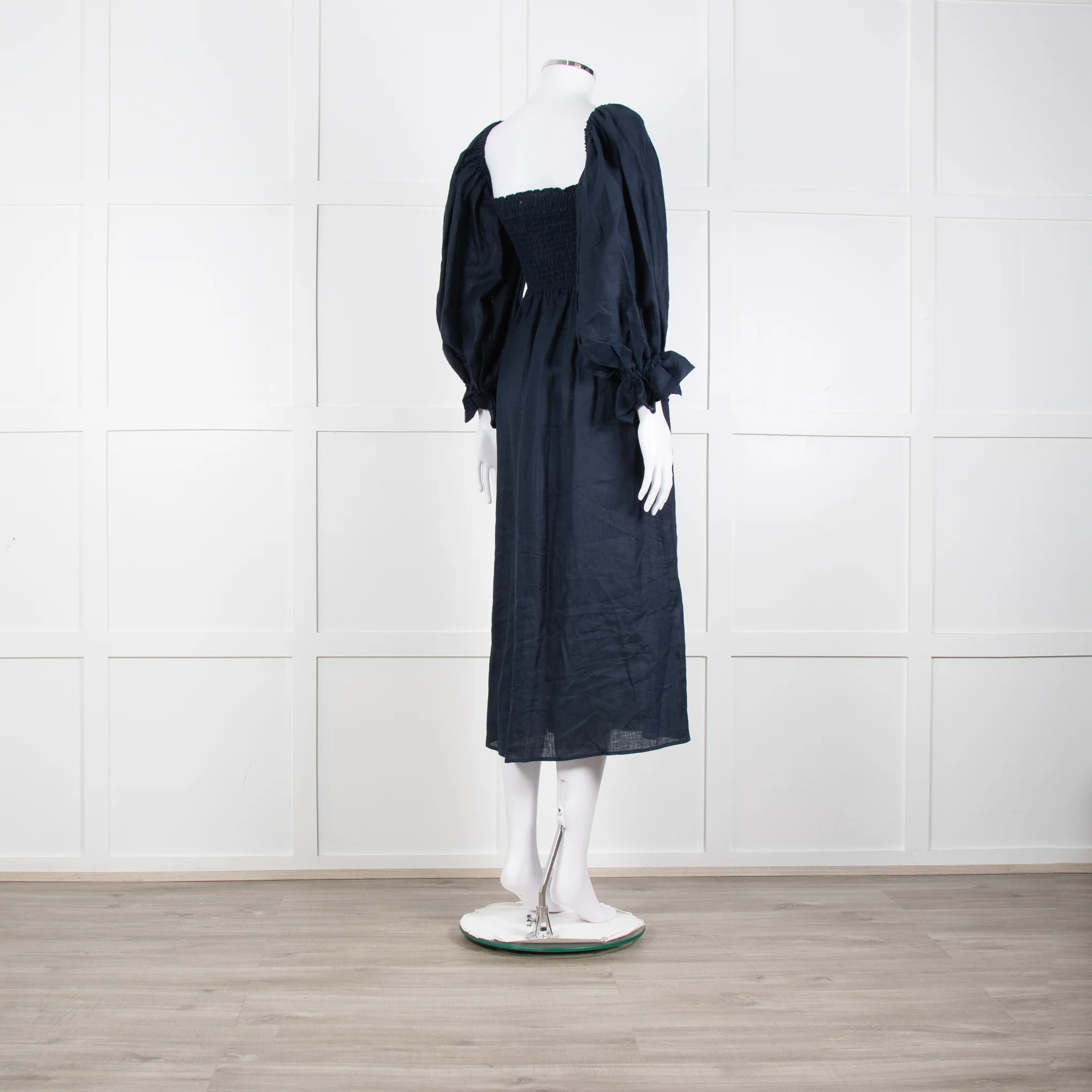 Daily Sleeper Navy Linen Smocked Midi Dress with Puff Sleeves - Image 6