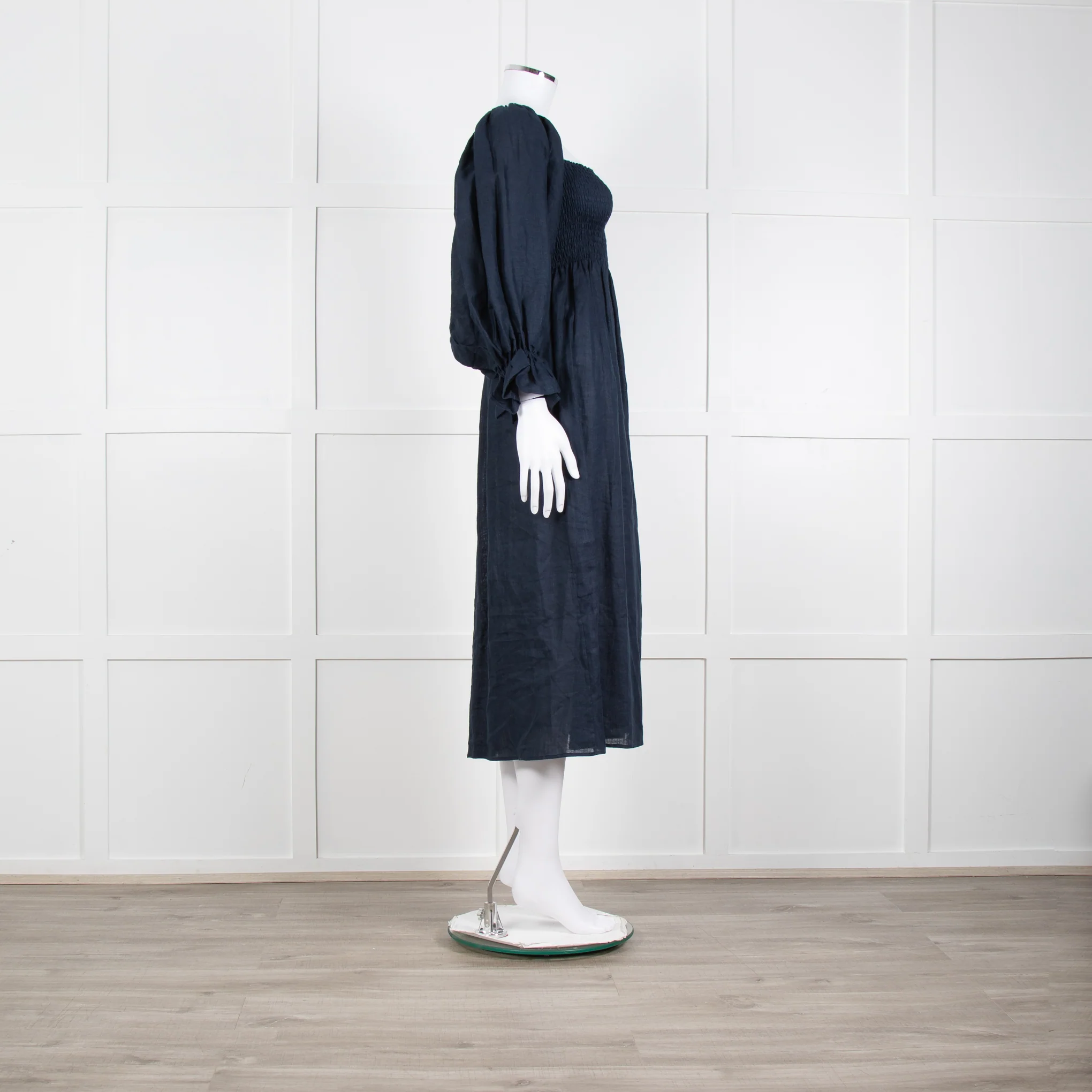 Daily Sleeper Navy Linen Smocked Midi Dress with Puff Sleeves - Image 7